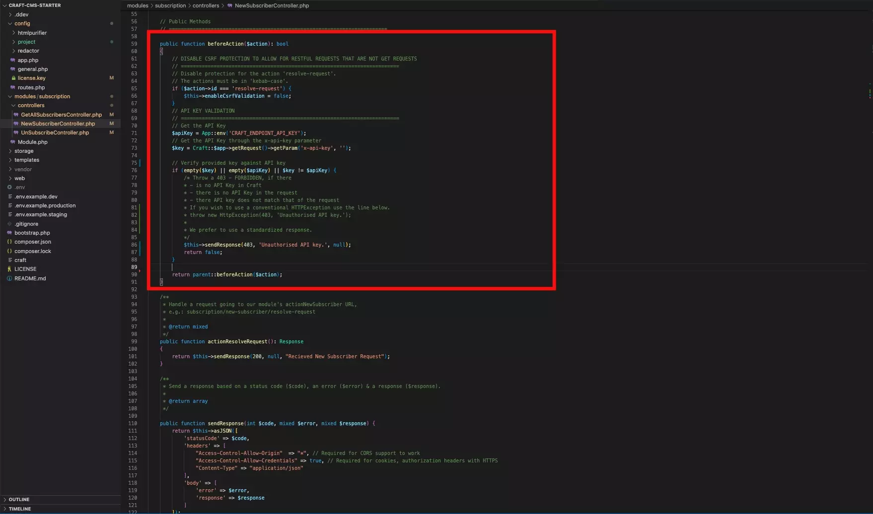 A screenshot of VSCode with the function offered below that verifies if the API key matches that of the API call and if not returns a 403 Forbidden error.