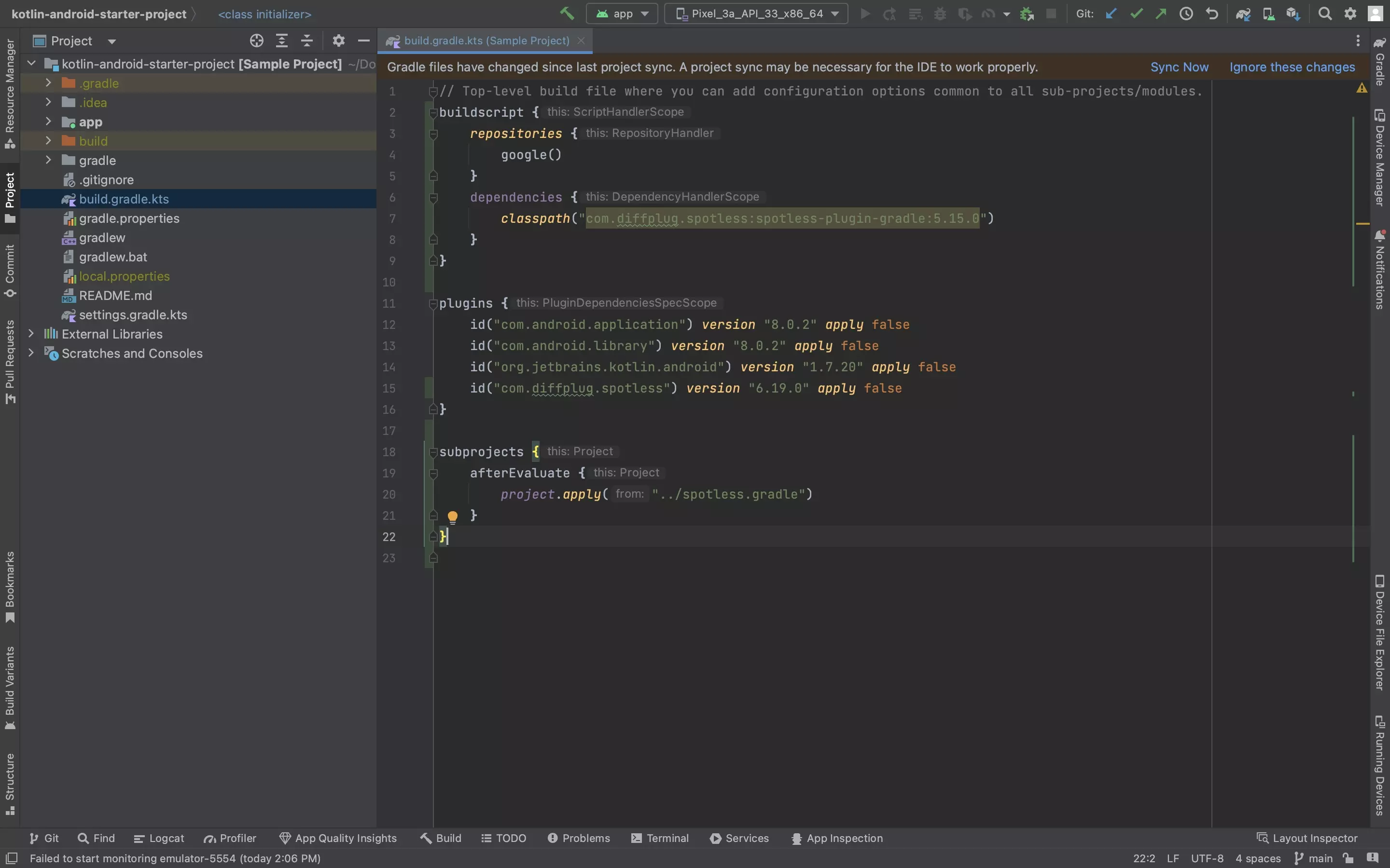 A screenshot of Android Studio showing the completed build.gradle.kts of our starter project after applying the steps below.