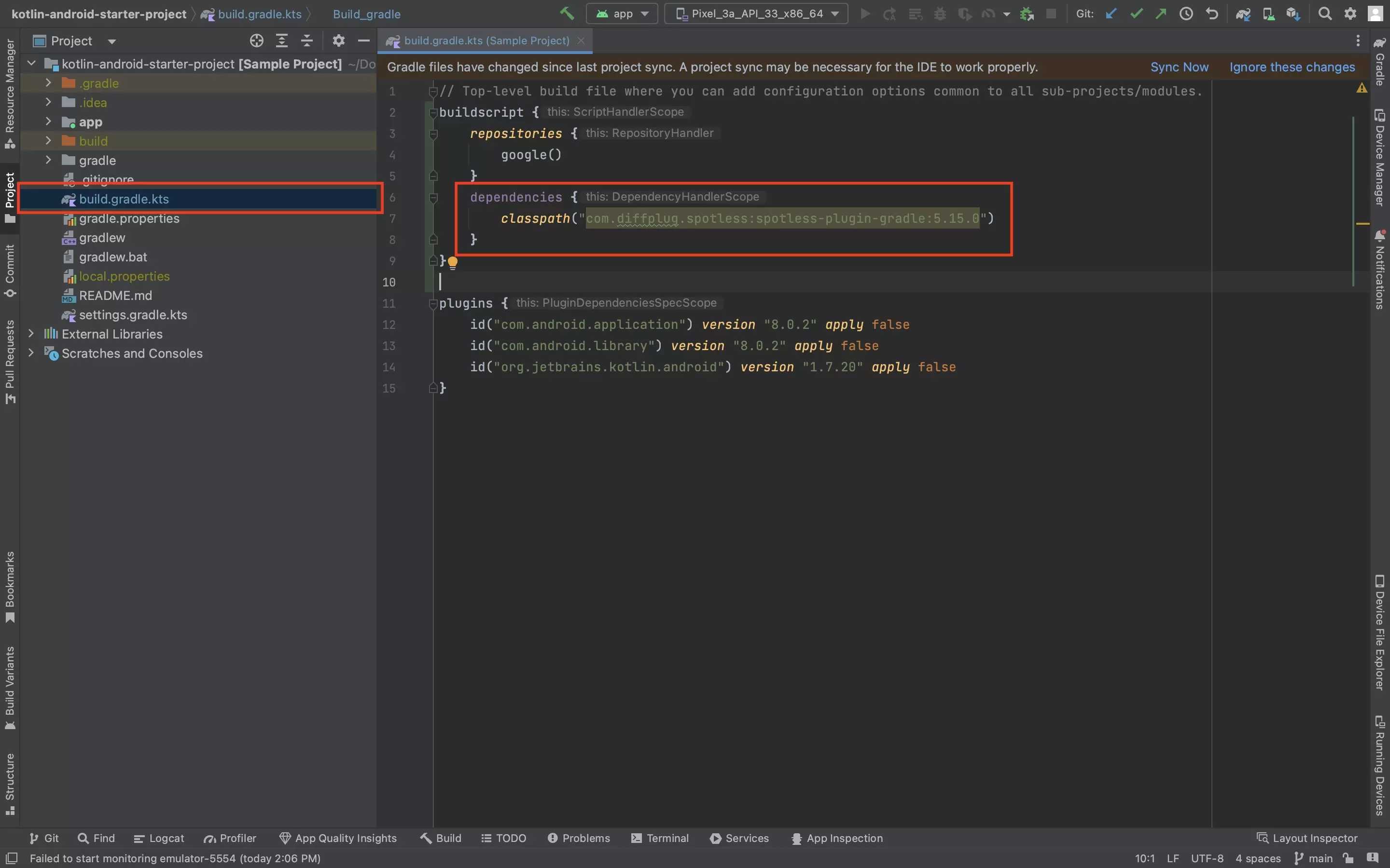 A screenshot of Android Studio showing the build.gradle.kts file. Highlighted is the location of the file and the dependency code which is added in this step.