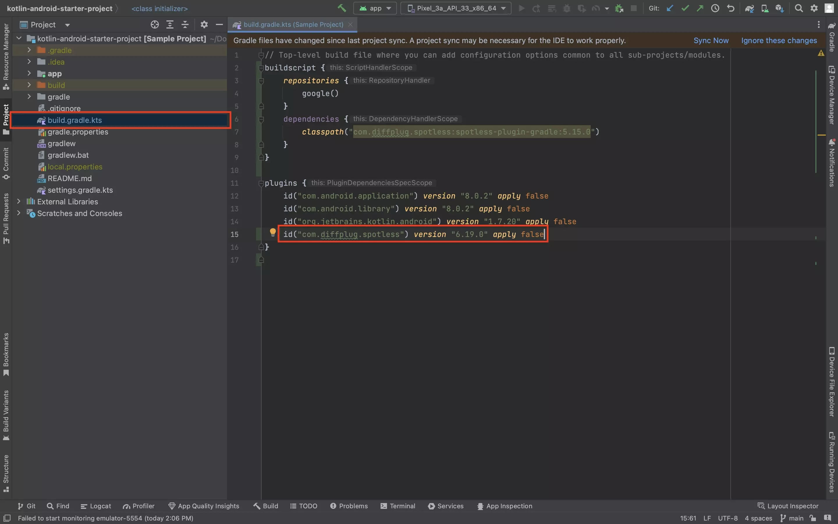 A screenshot of Android Studio showing the build.gradle.kts file. Highlighted is the location of the file and the plugin code which is added in this step.