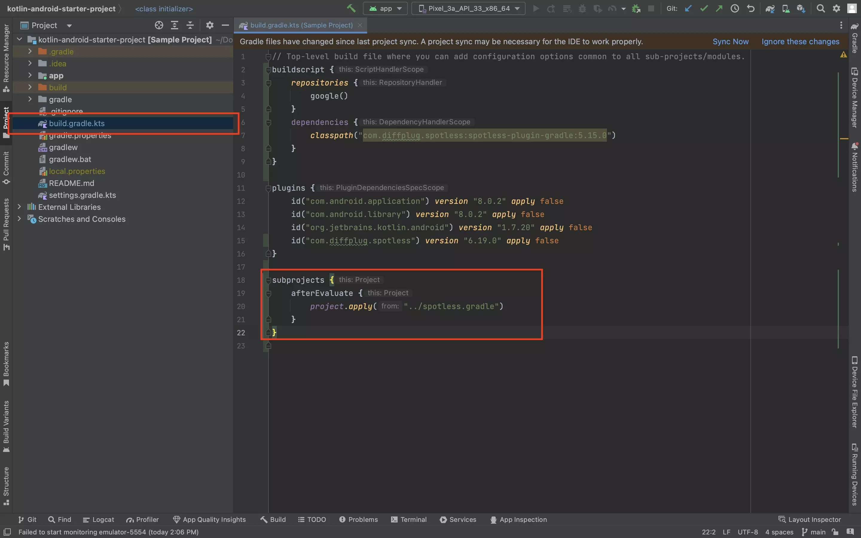 A screenshot of Android Studio showing the build.gradle.kts file. Highlighted is the location of the file and the code that links the project to the spotless gradle which is added in this step.