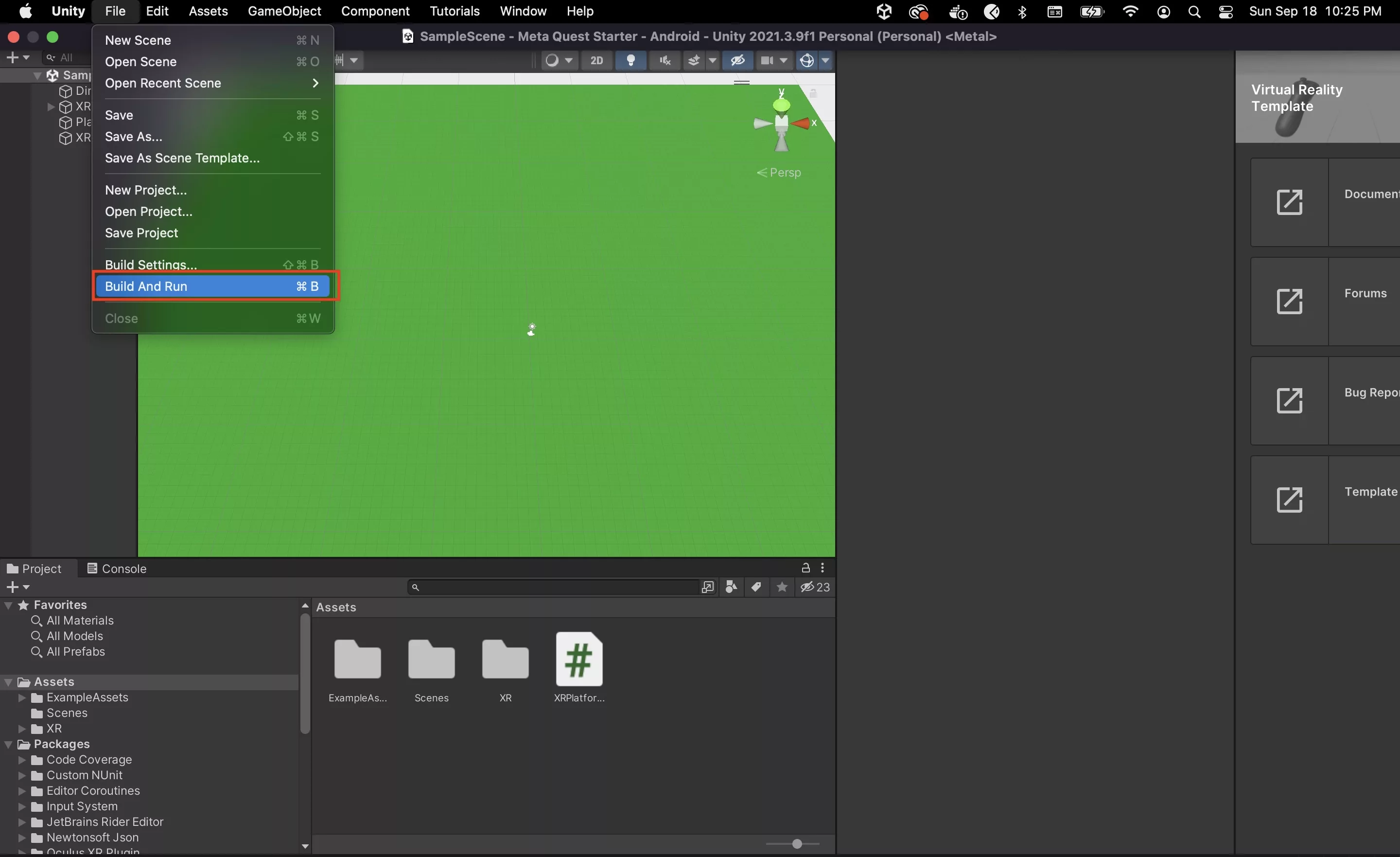 A screenshot of Unity showing you how to access Build and Run through a dropdown.