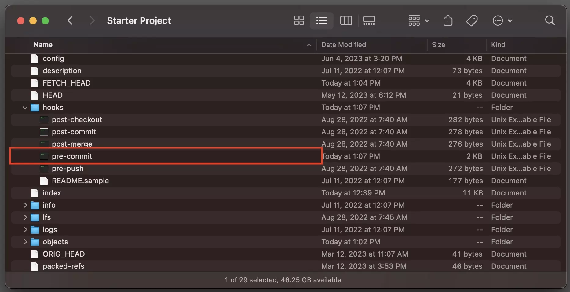 A screenshot of Finder showing the pre-commit script in the git hooks folder.