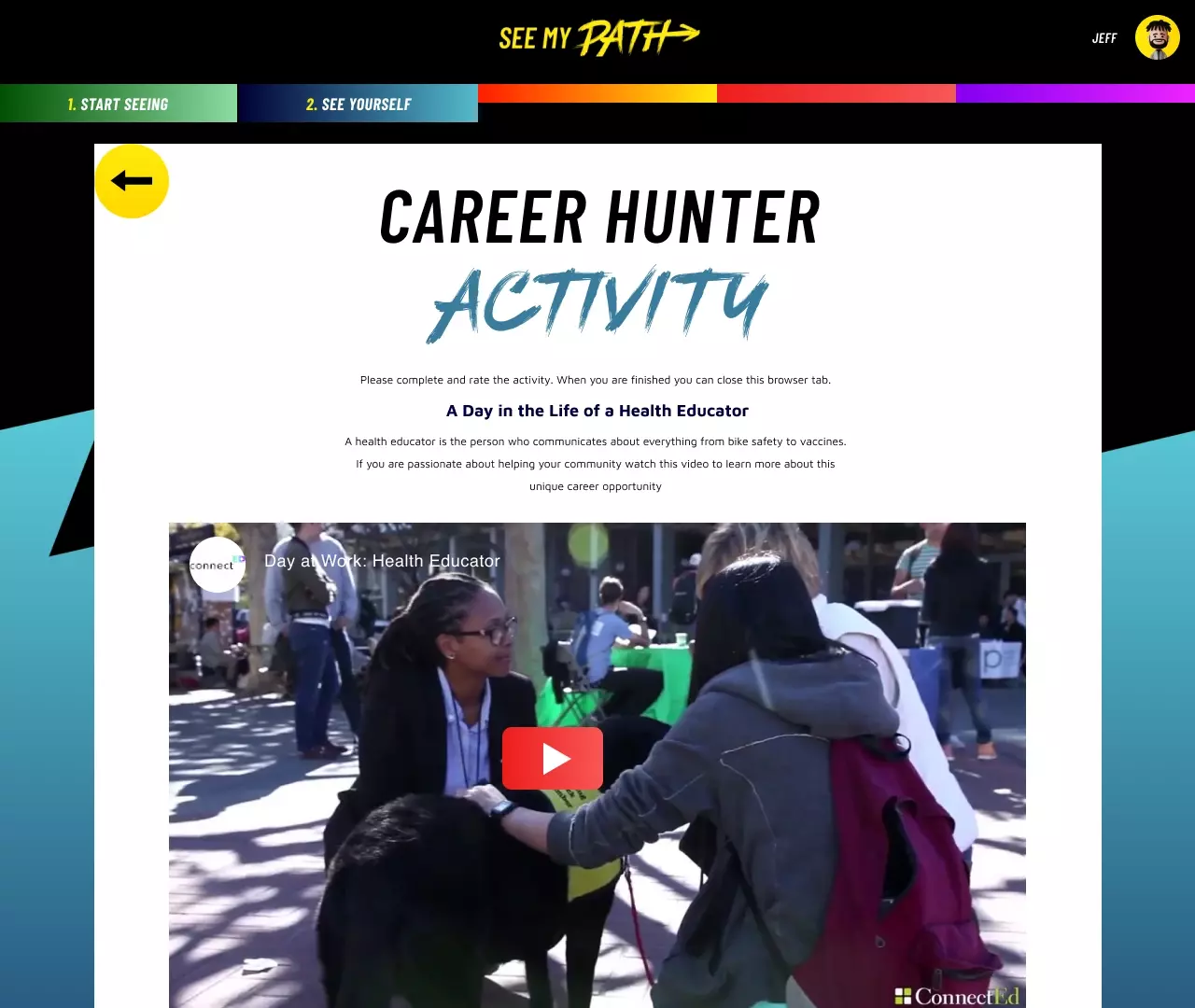 A See My Path Career Hunter Activity for "A Day in the Life of a Health Educator."