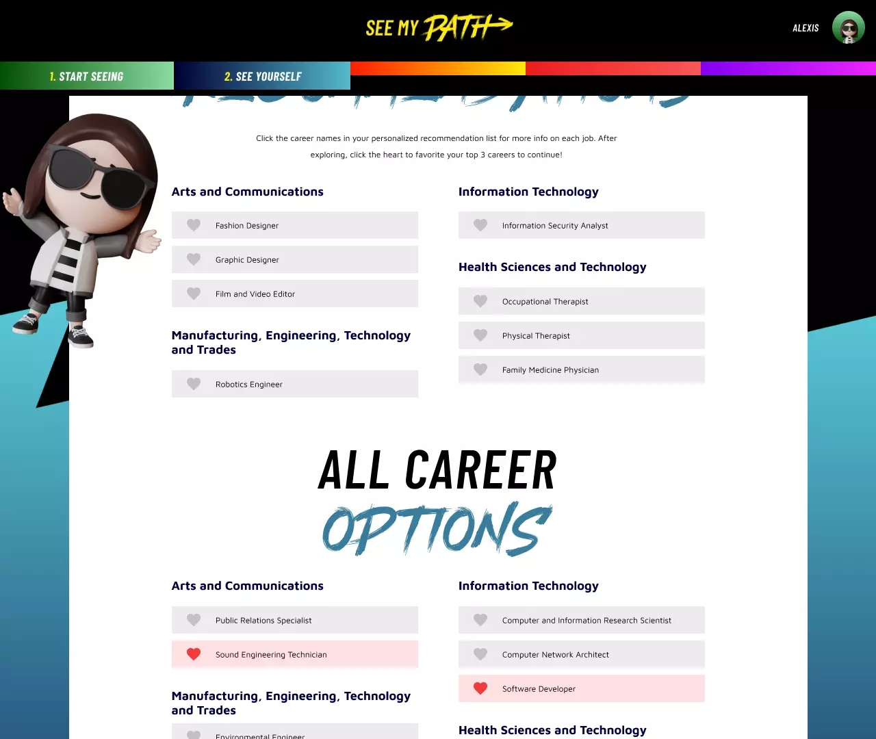 A See My Path Career Options page showing the suggested career options and all the career options.