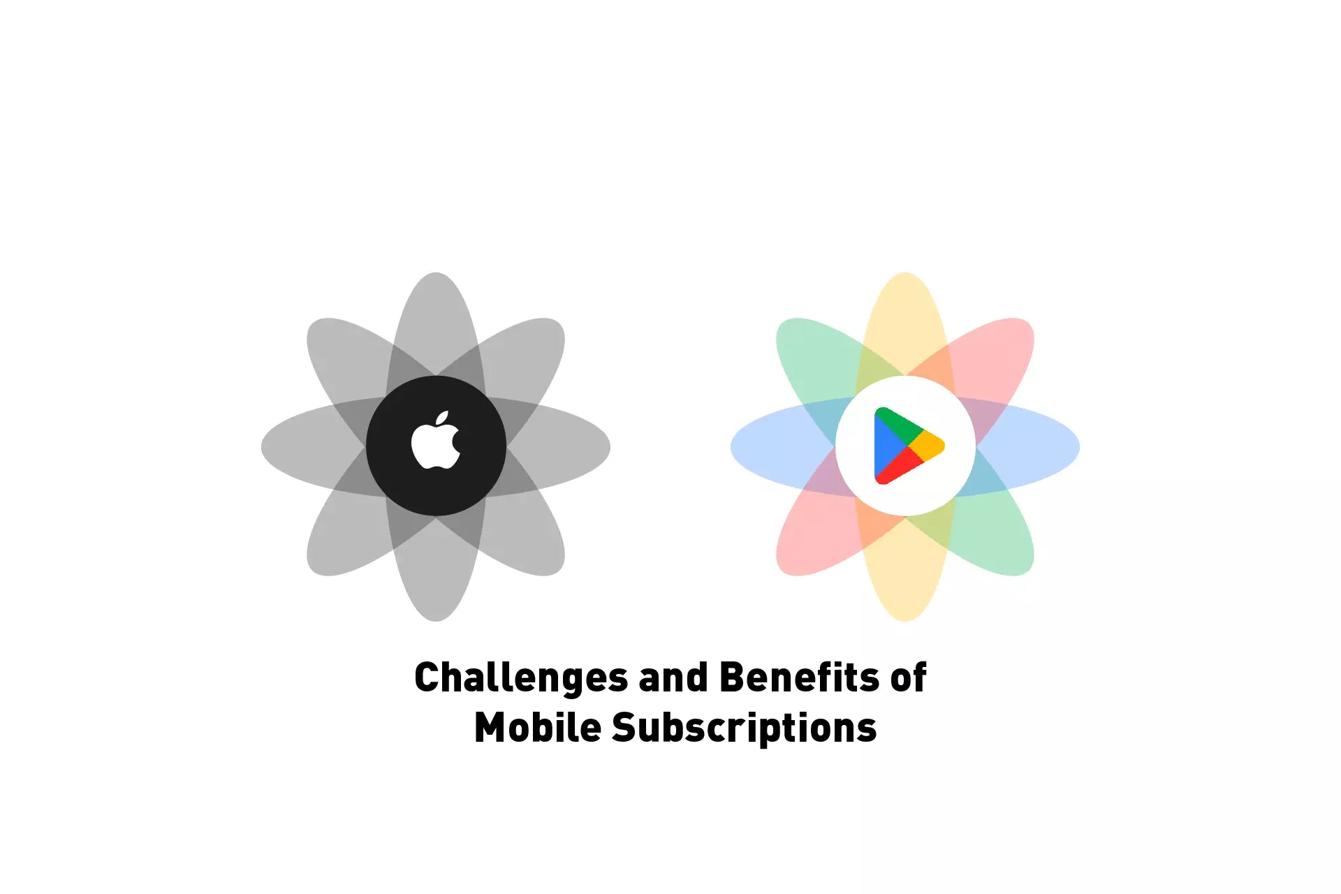 Two flowers that represent Apple and the Google Play Store. Beneath them sits the text "Challenges and Benefits of Mobile Subscriptions."