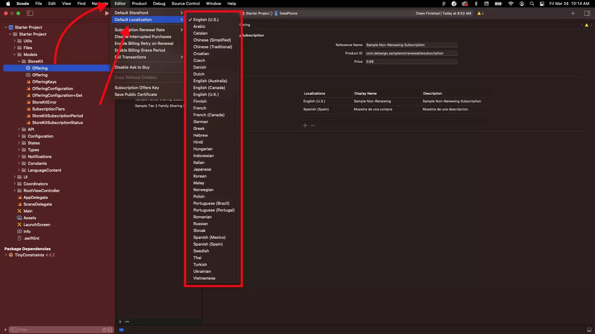 A screenshot of Xcode highlighting the location of the Editor tab in the Xcode menu, the Default Localization menu option and the menu that appears where you can select a Localization.