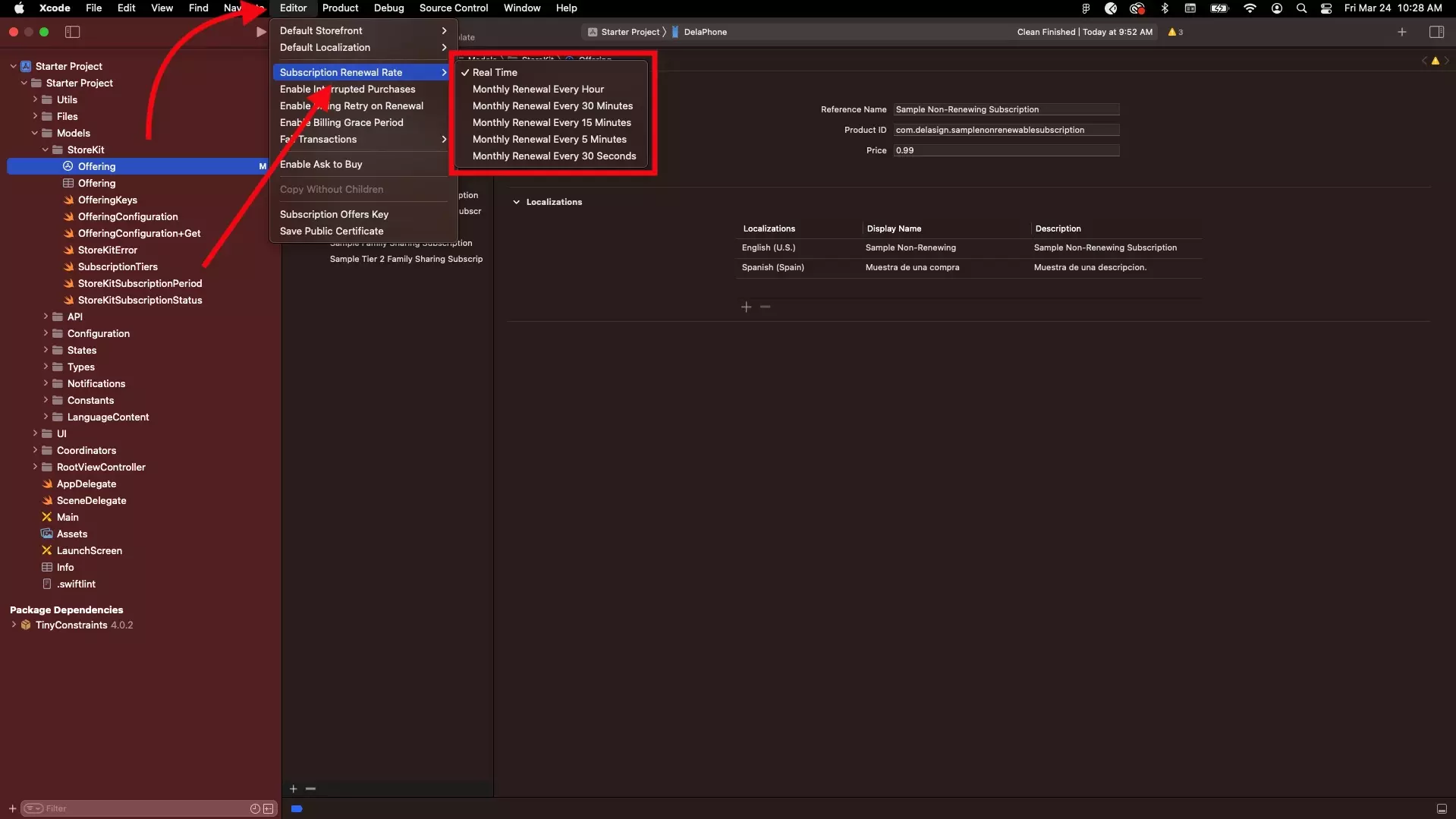 A screenshot of Xcode highlighting the location of the Editor tab in the Xcode menu, the Subscription Renewal Rate menu option and the menu that appears where you can select a Subscription Renewal Rate.