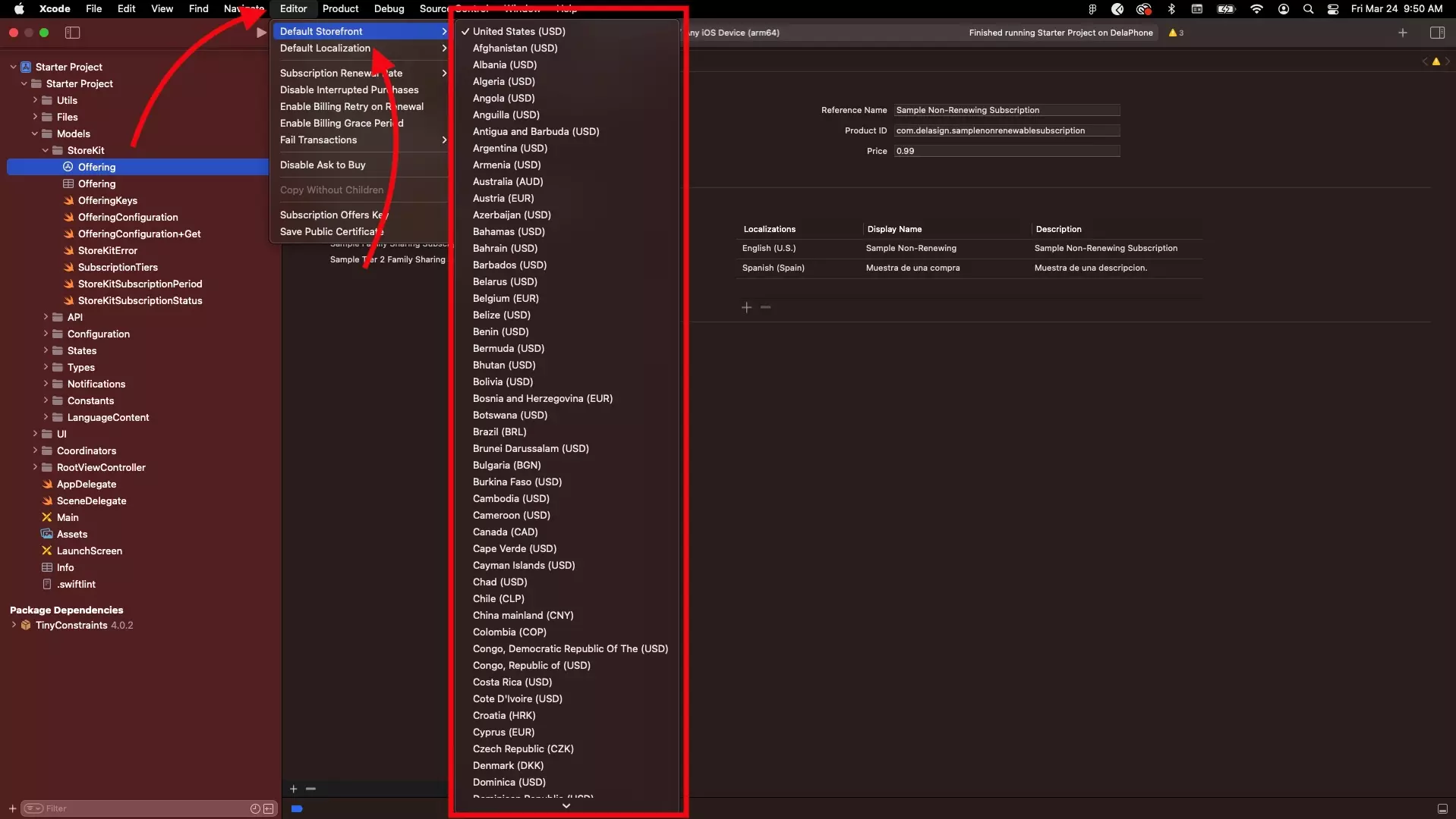 A screenshot of Xcode highlighting the location of the Editor tab in the Xcode menu, the Default Storefront menu option and the menu that appears where you can select a storefront.
