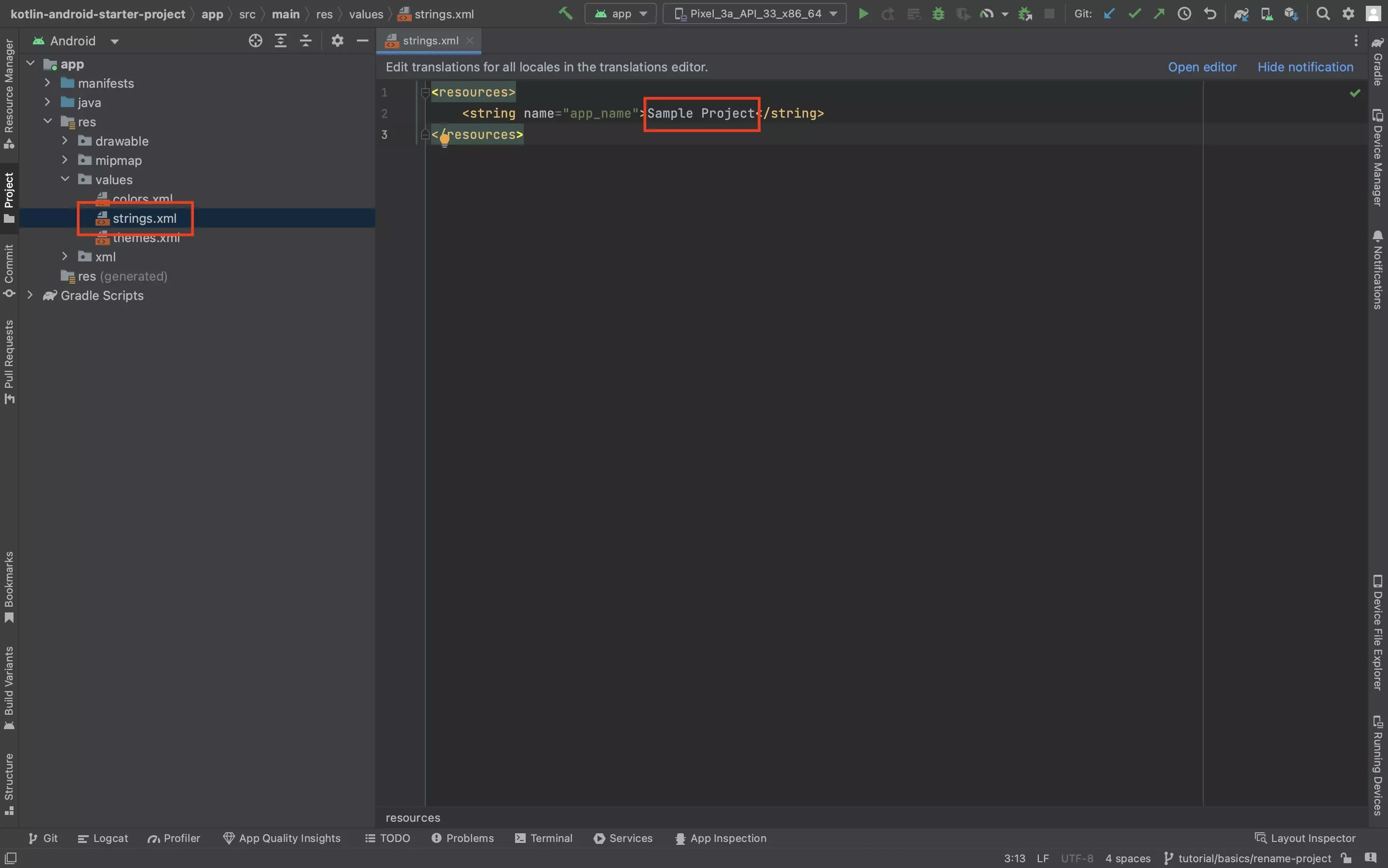 A screenshot of Android Studio showing you how to change the name of the app. Highlighted is the strings.xml file under values folder within the res folder. Highlighted on the file is the "app_name" string. Change this string to change the name of the app.