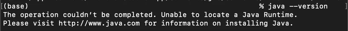 A screenshot of terminal showing that Java could not be located.