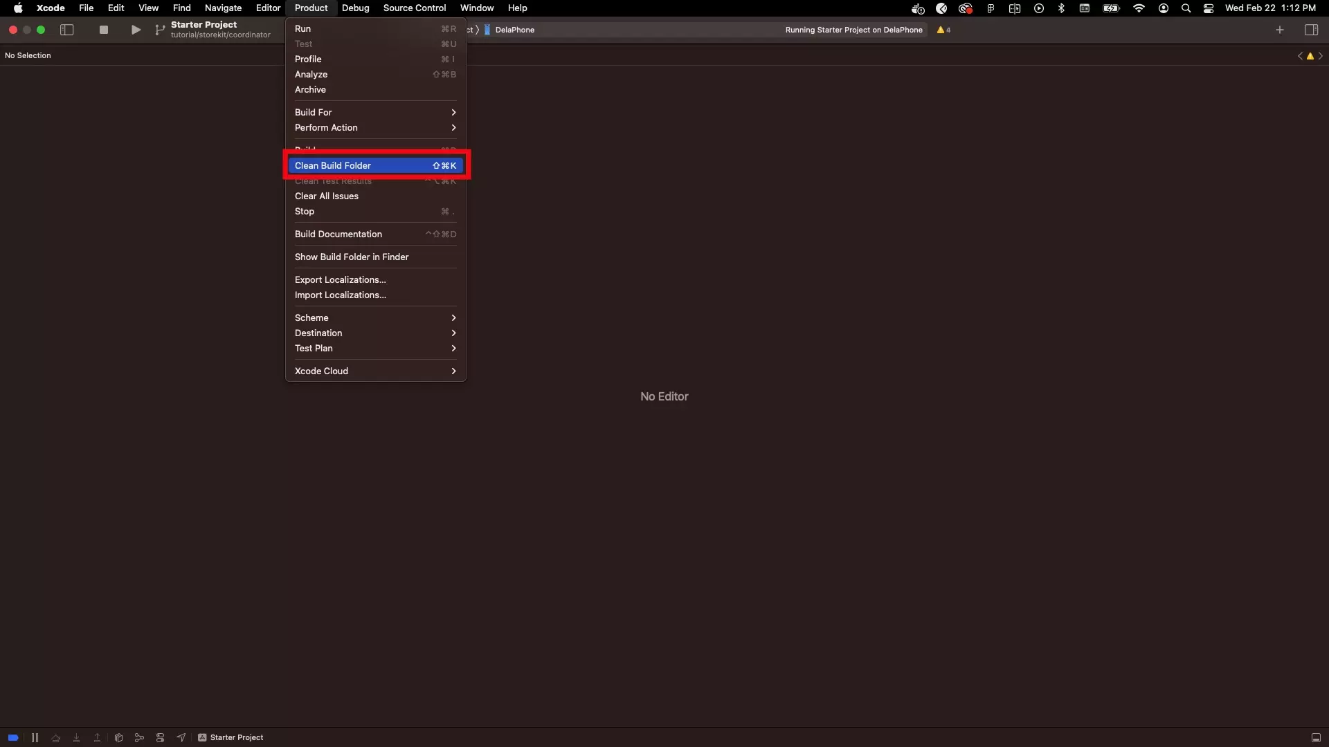 A screenshot of Xcode showing you that if you press Product in the menu, you can Clean Build Folder using Command + Shift + K.