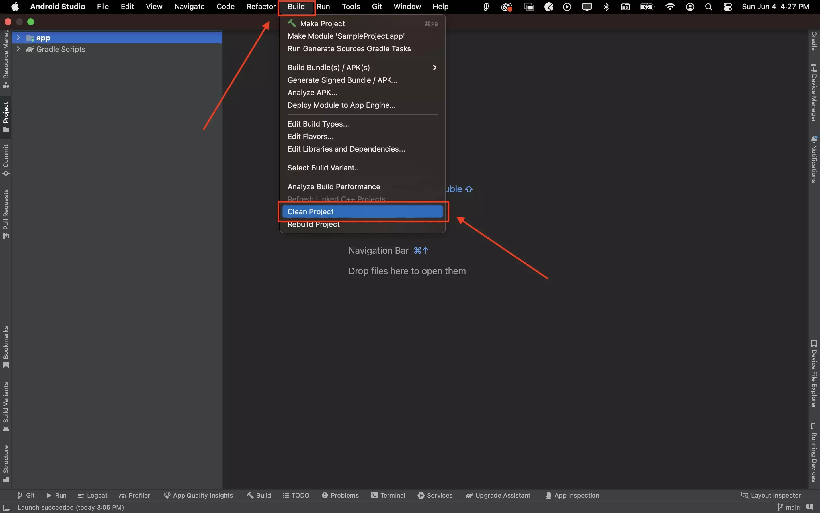 A screenshot of Android Studio show you how to clean your project. Highlighted is the Build menu and the Rebuild Project option.