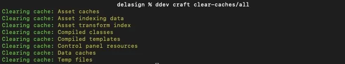 A screenshot of Terminal showing the clear Craft CMS cache command on DDEV.