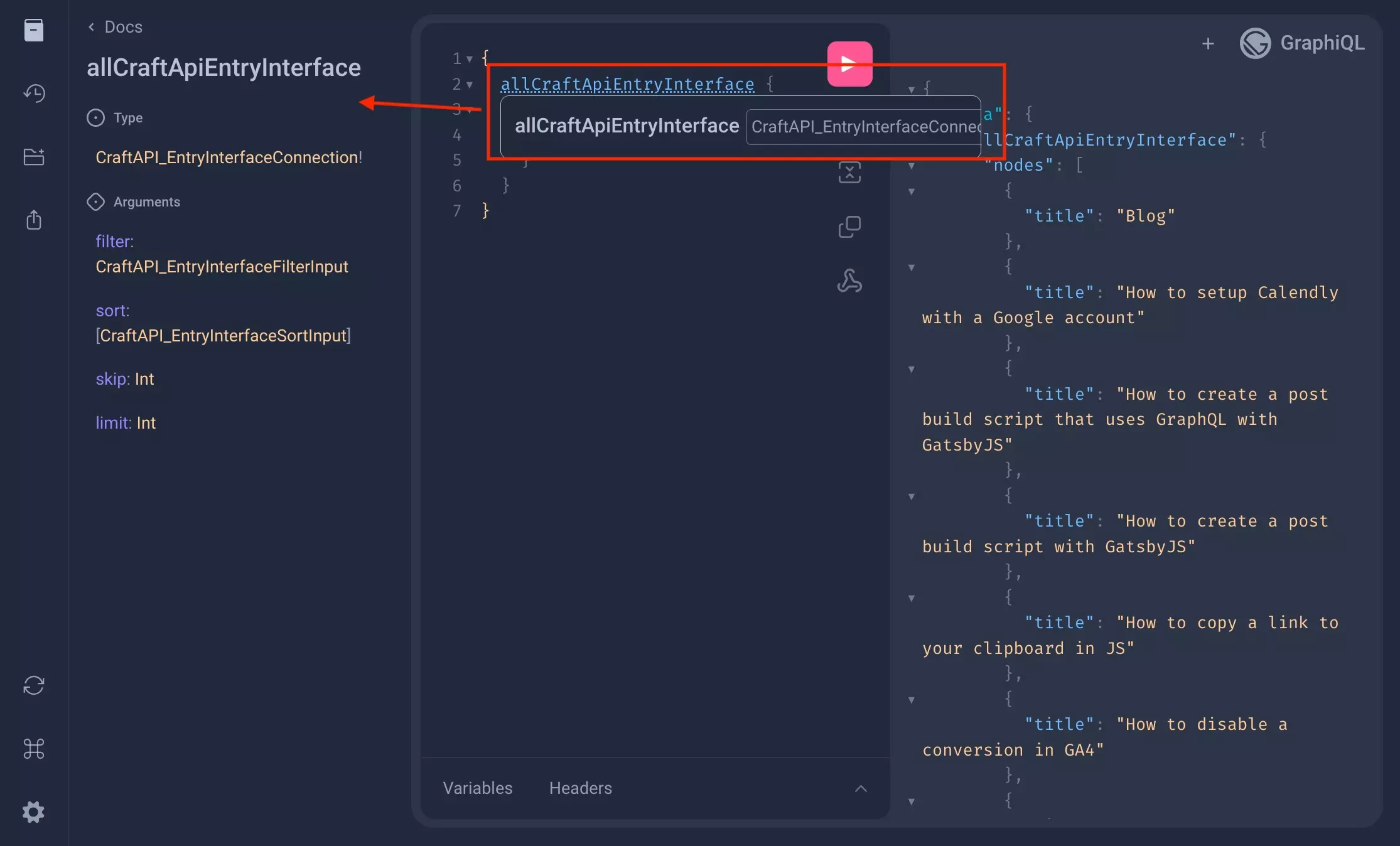 A screenshot of the Gatsby GraphiQL showing how if you click on parts of the query it will take you to the relevant documentation for the thing that you clicked.