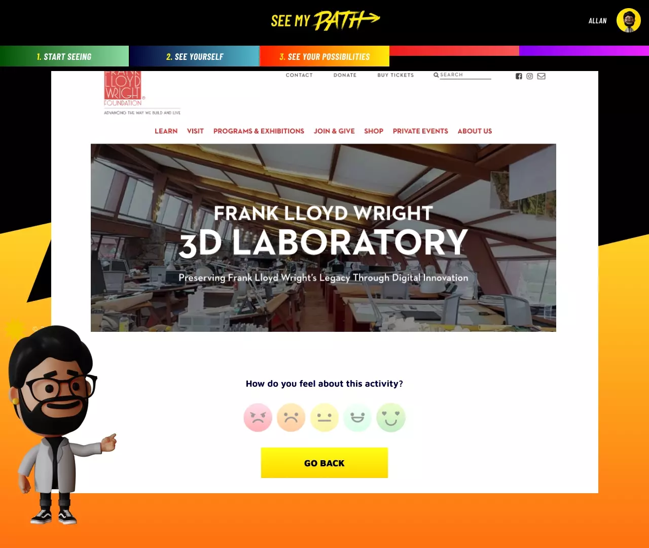A See My Path career activity for Manufacturing Engineering and Technology, demonstrating Frank Lloyd Wrights 3D Laboratory's website page.