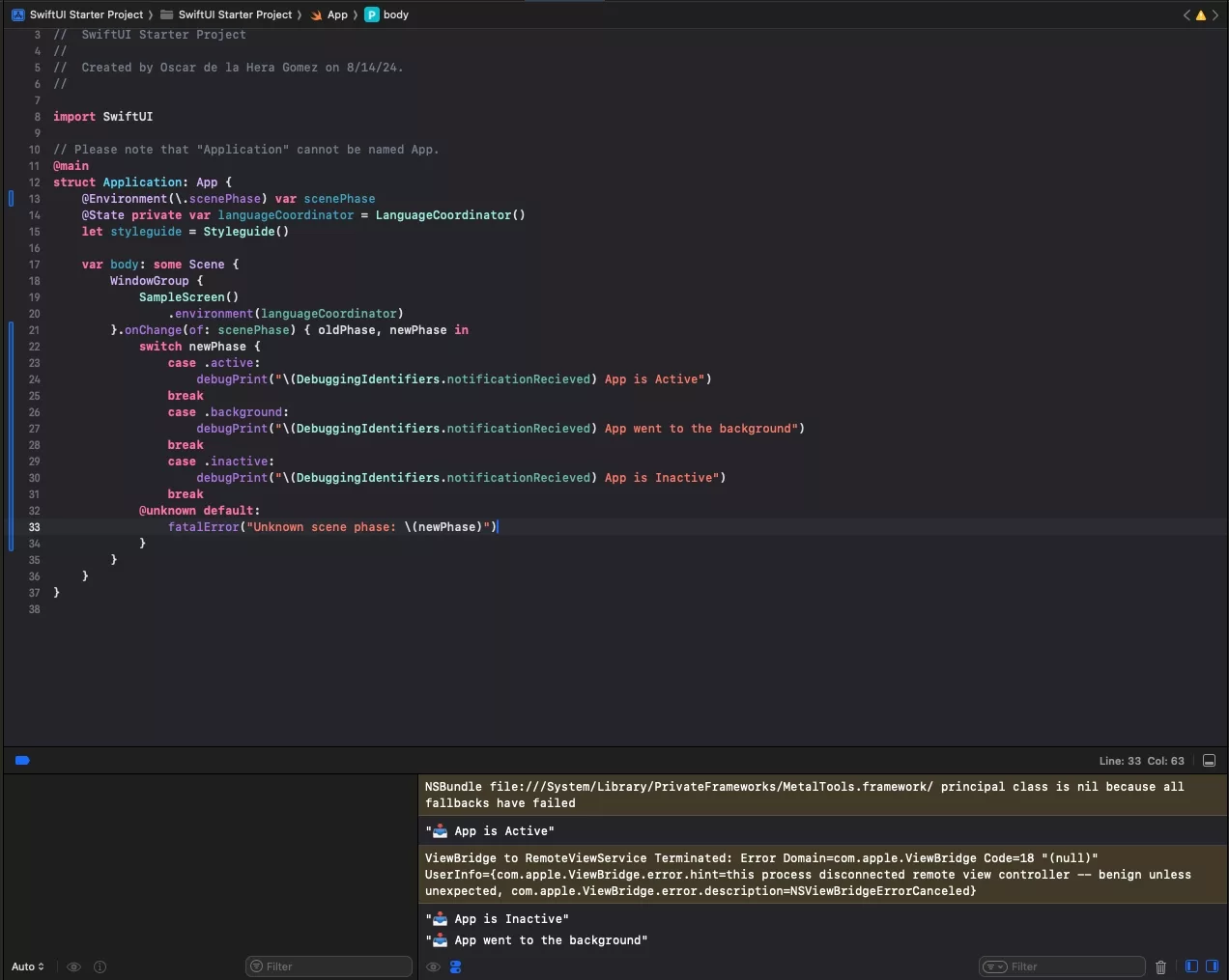 A screenshot of XCode showing the code found below. On the bottom you can see how the app logged the three events: active, inactive and background.