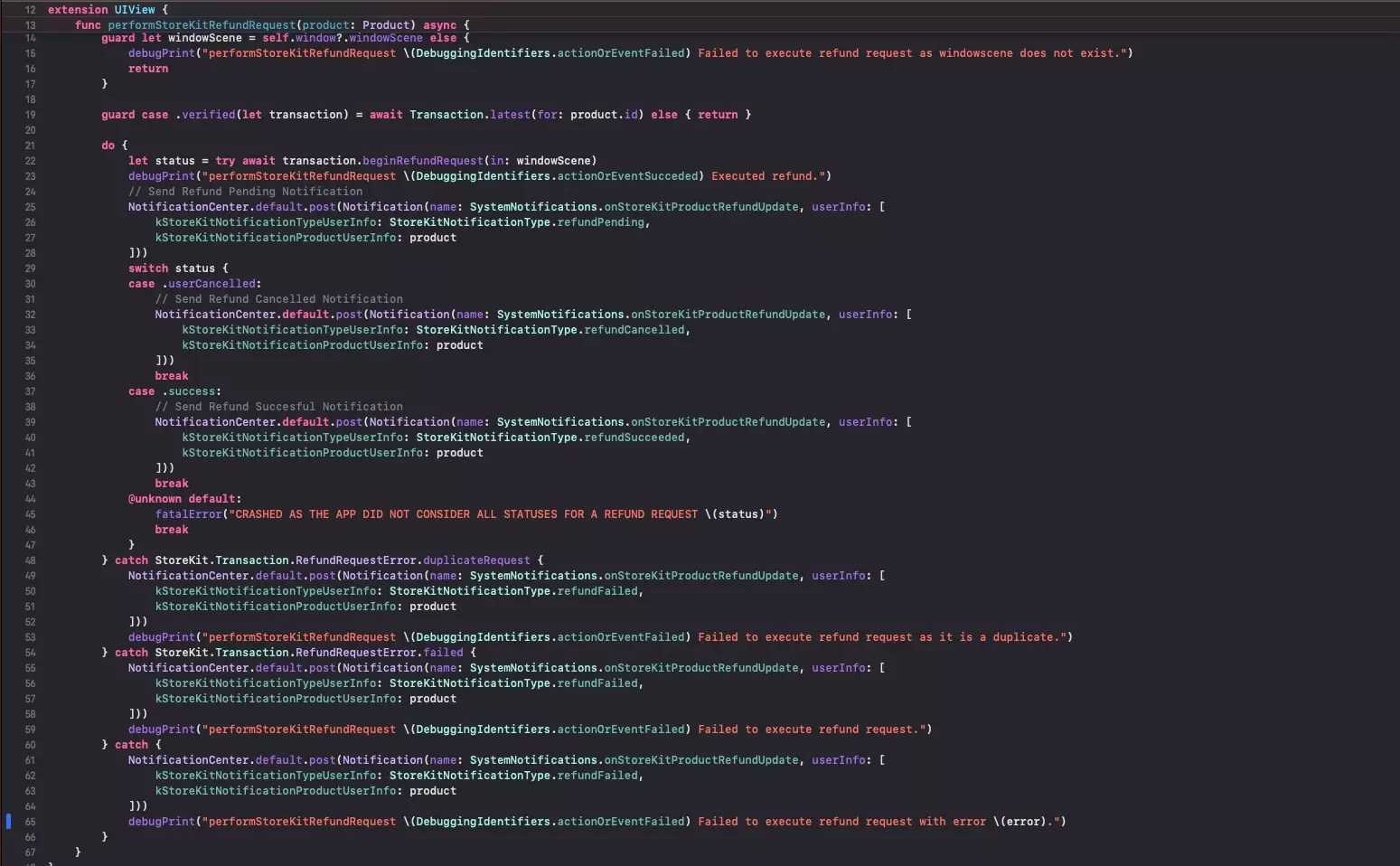 A screenshot of Xcode showing the code provided in the snippet below.