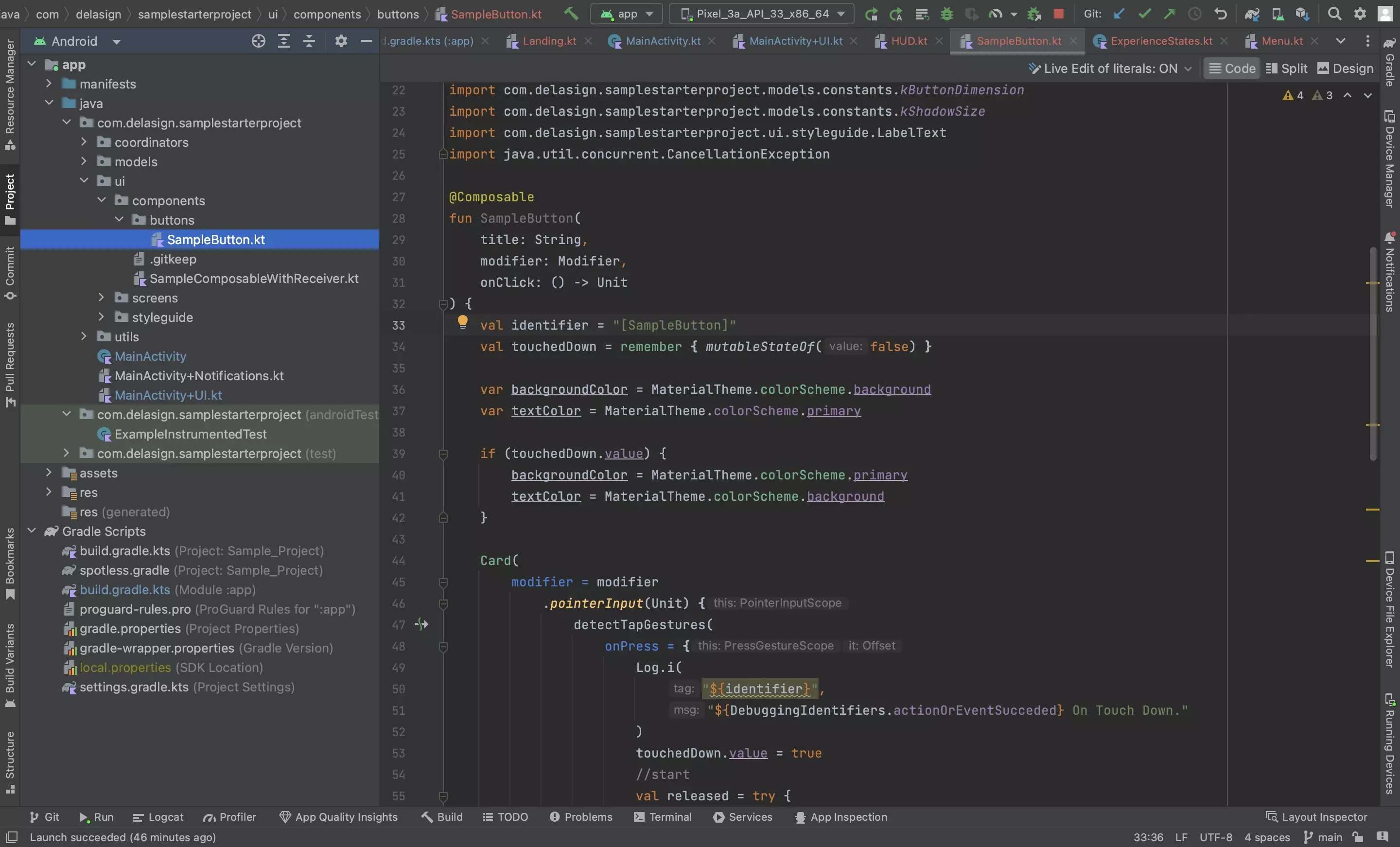 A screenshot of Android Studio showing the code for our custom button.
