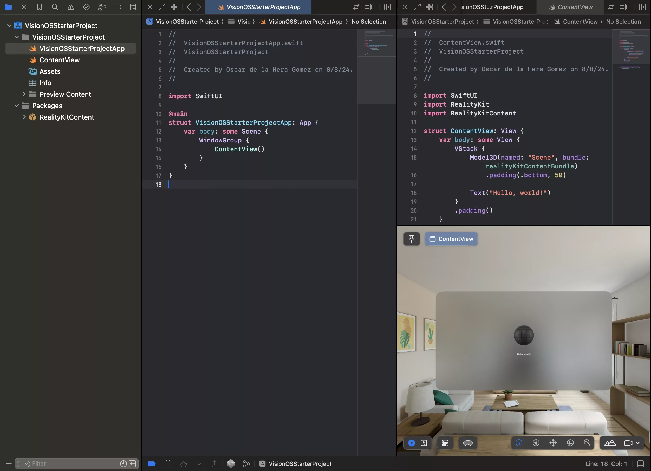 A screenshot of XCode showing the sample code that is provided by Apple.
