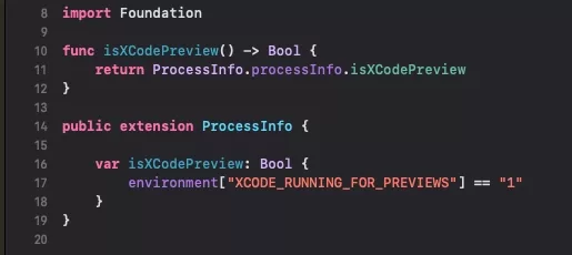 A screenshot of XCode showing utility we created to determine if the code is running in an XCode preview.