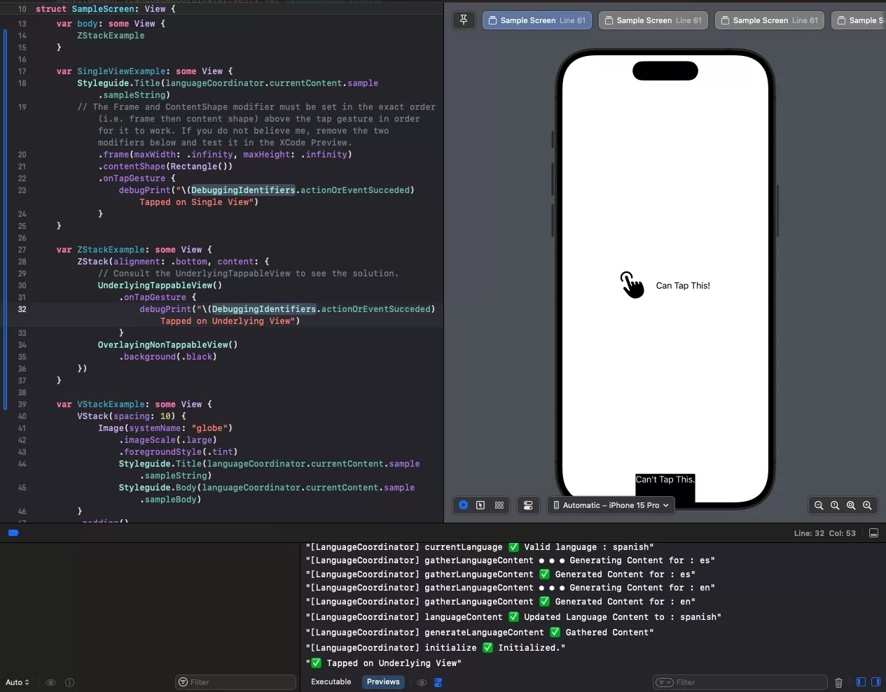 A screenshot of XCode showing the solution for a ZStack, VStack and Single View.
