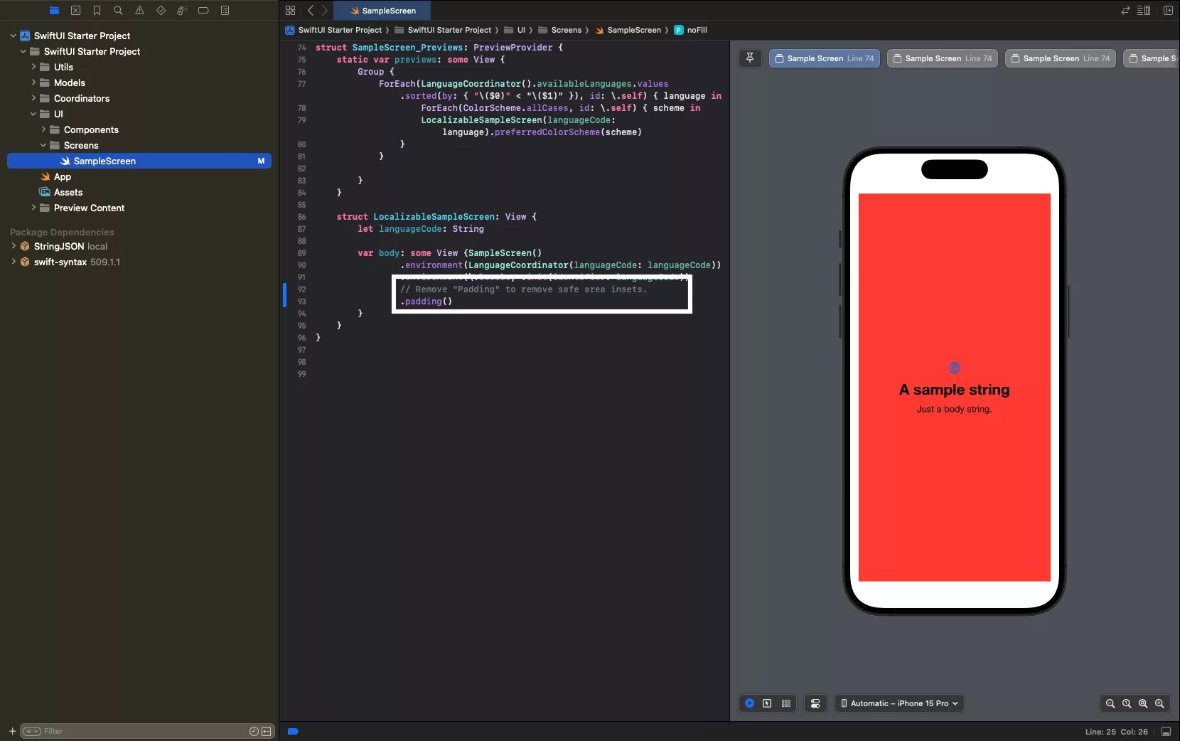 A screenshot of XCode showing how we used the .padding() modifier to add Safe Area Insets to a screen.