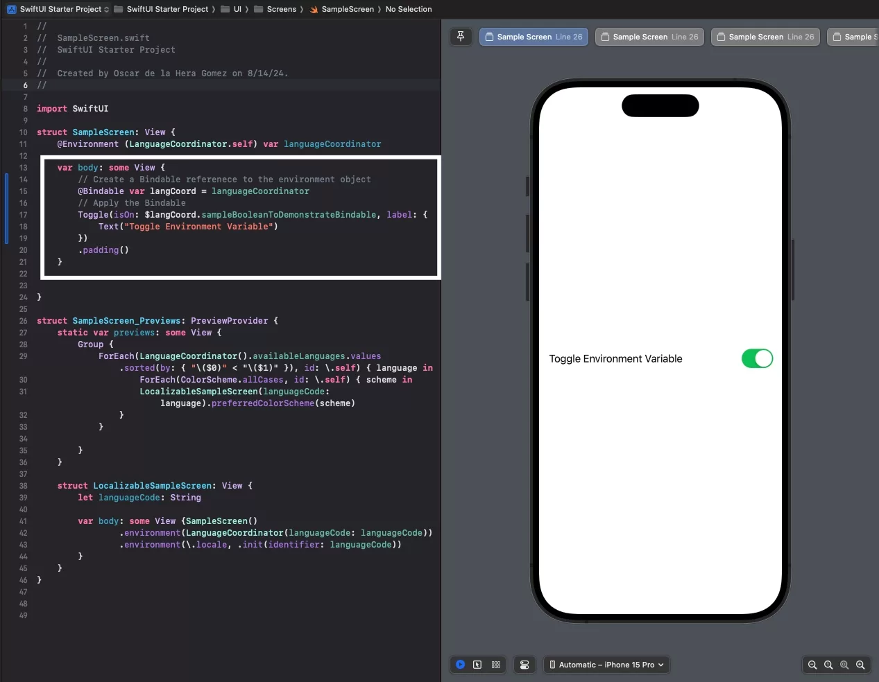 A screenshot of XCode showing how we created a bindable reference to an environment object and used it to apply a binding for one of is variables.