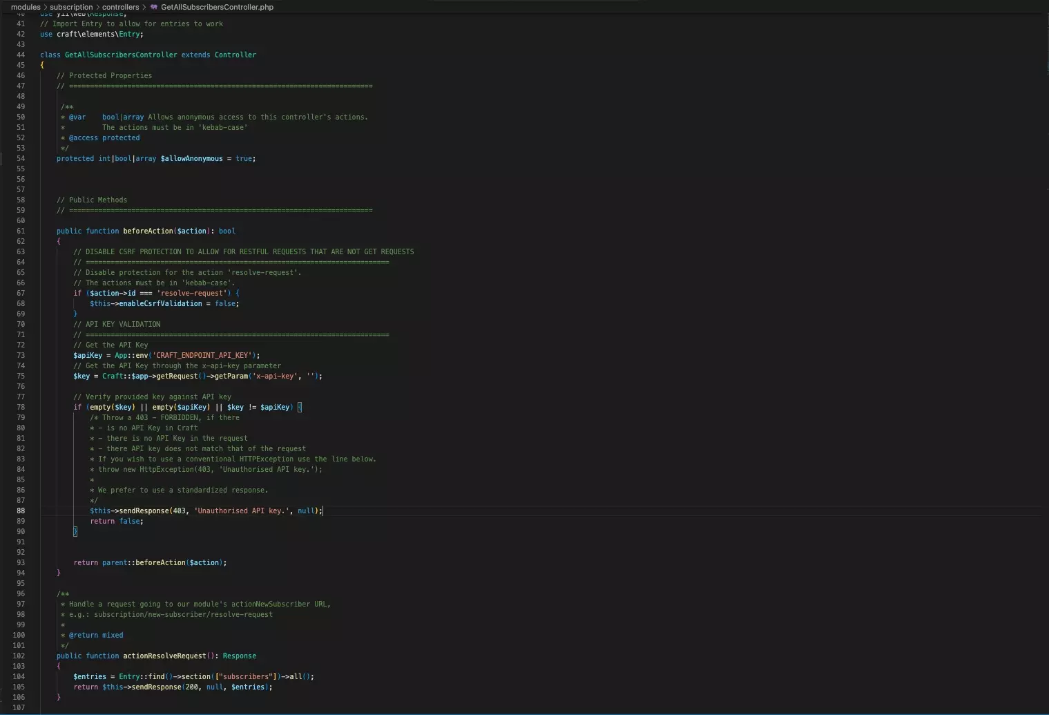 A screenshot of VSCode of the completed API. The sample code is provided below.