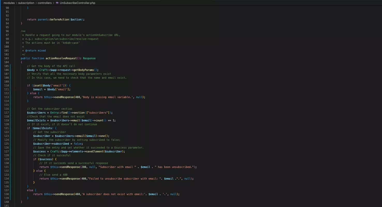 A screenshot of VSCode showing the code required to modify the subscriber into being unsubscribed. The code snippet is found below.
