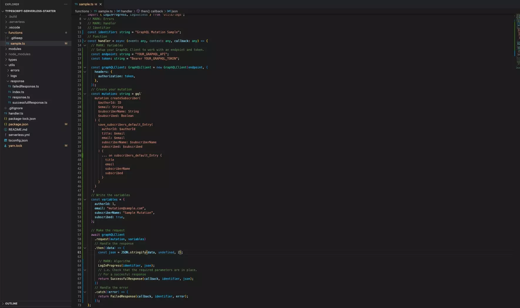 A screenshot of VSCode with the complete code for the GraphQL Mutation function example. This example code is found below.