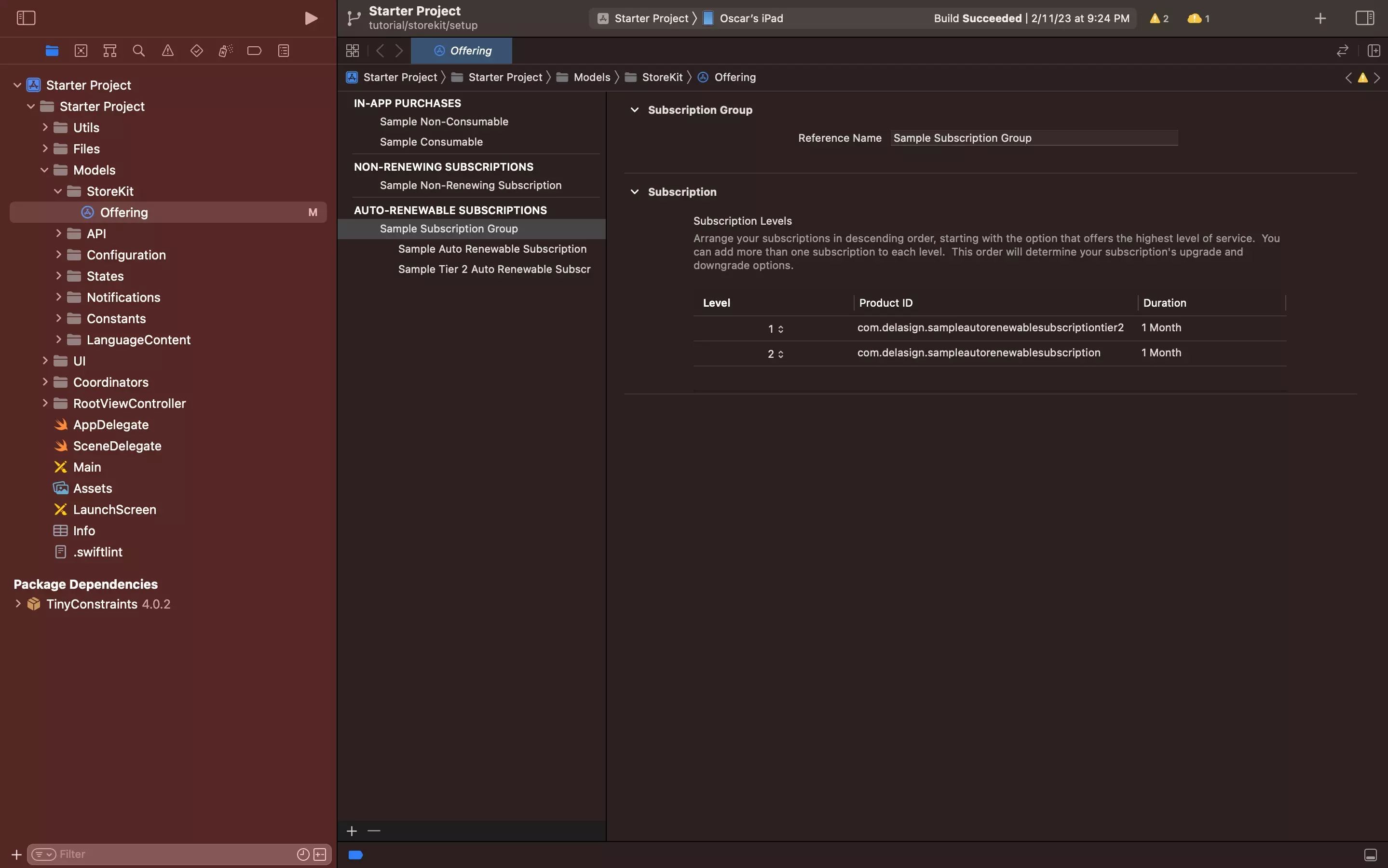 A screenshot of a subscription group with a sample subscription being level 2 and a tier 2 subscription being level 1. The tier 2 is above the sample in the hierarchy. This demonstrates that it reorders the list based on levels.