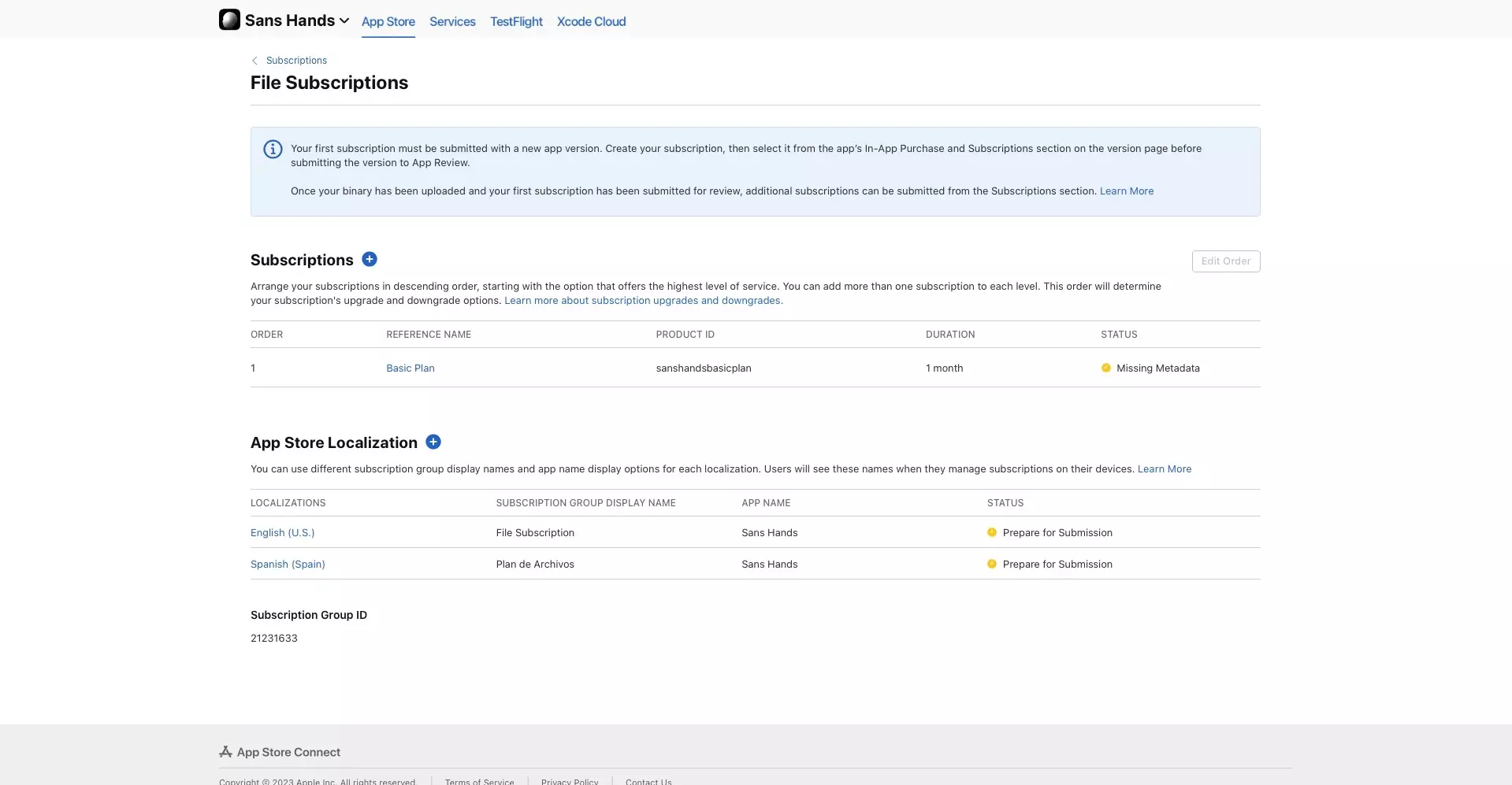 A screenshot of an App Store Connect Subscription Group page with two App Store Connect localizations.