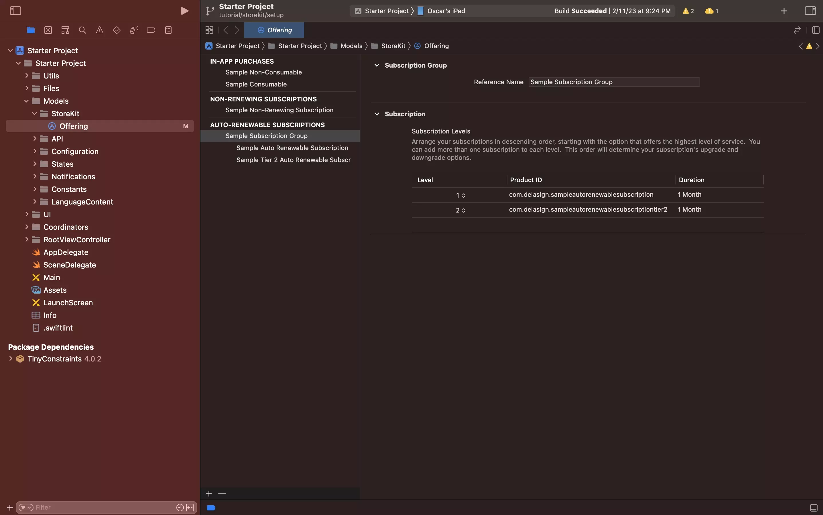 A screenshot of a subscription group with a sample subscription being level 1 and a tier 2 subscription being level 2. The sample is above the tier 2 in the hierarchy.