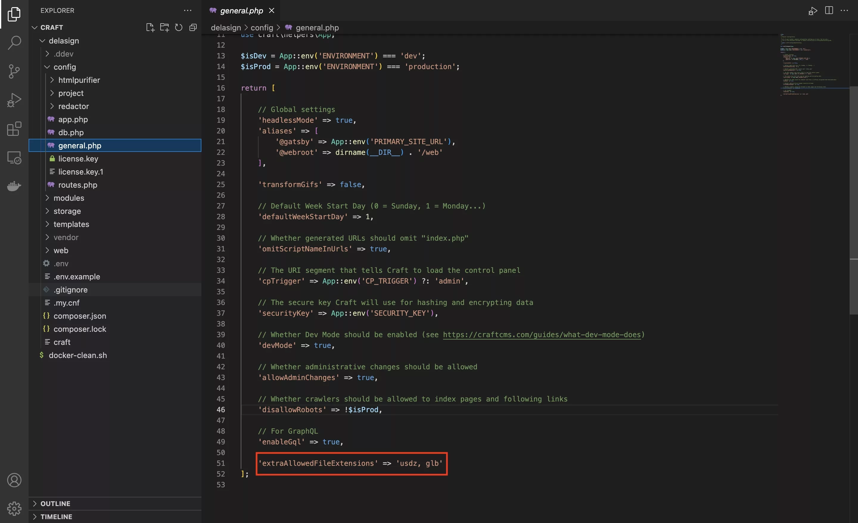 A screenshot of VSCode with the general.php file open, its location highlighted and the suggested line below highlighted as well.
