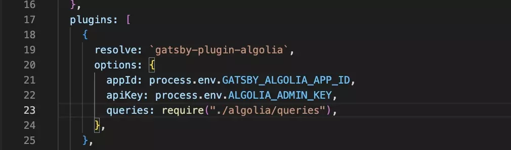 Sample gatsby-plugin-algolia implementation in a gatsby-config.js.
