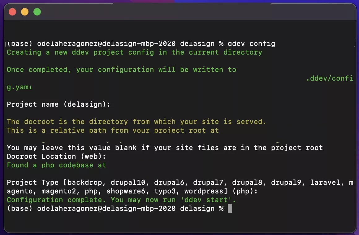 A screenshot of Terminal showing you how to configure DDEV to your Craft CMS project. The line is provided below.