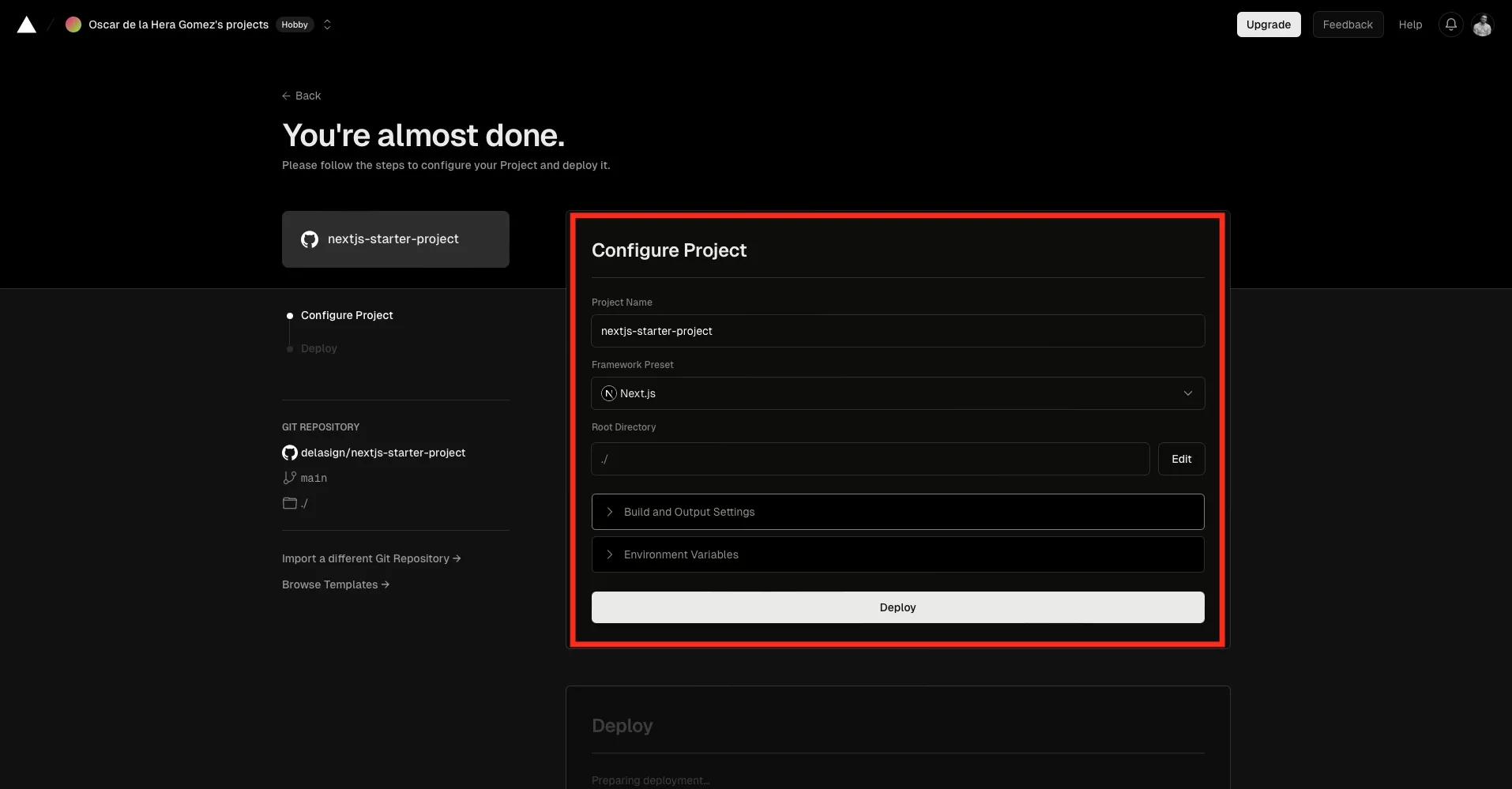 A screenshot of the project configuration screen that occurs after you import a repository.
