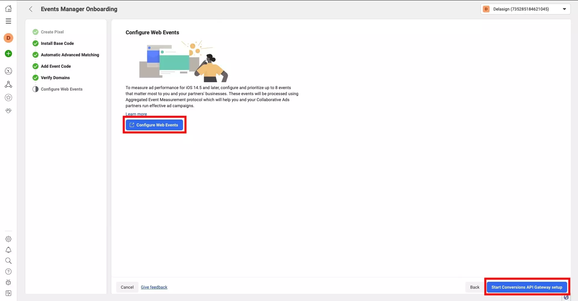 A screenshot of the Facebook Events Onboarding Manger on the "Configure Web Events" step. Highlighted are the two buttons that allow you to configure the web events. These are found on the top left and the bottom right.