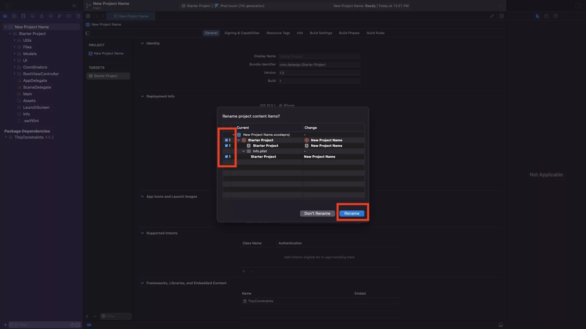 A screenshot showing you how to confirm the rename of your project.