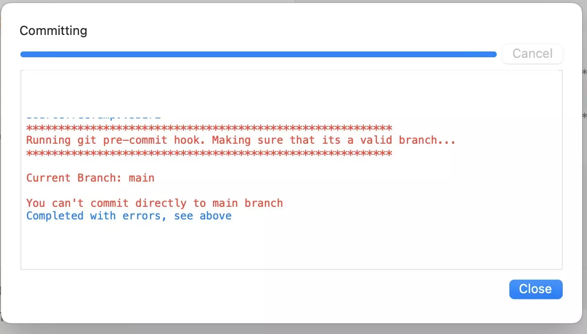 A screenshot showing a failed attempt due to the branch being the main branch. This is expected behavior.