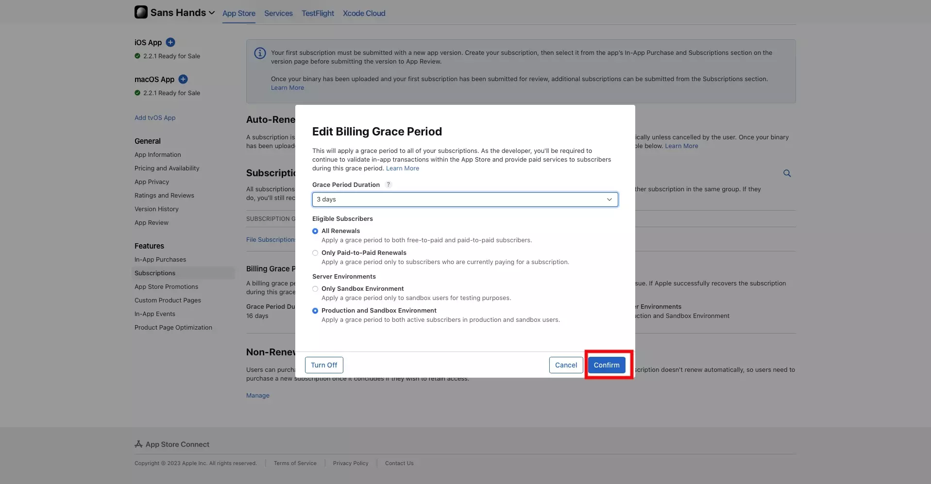 A screenshot of the App Store Connect, Edit Billing Grace Period modal showing that we made changes and have highlighted the "Confirm" button on the bottom right, which becomes available after making changes. Click this confirm button, after making changes, to save the changes to the billing grace period.