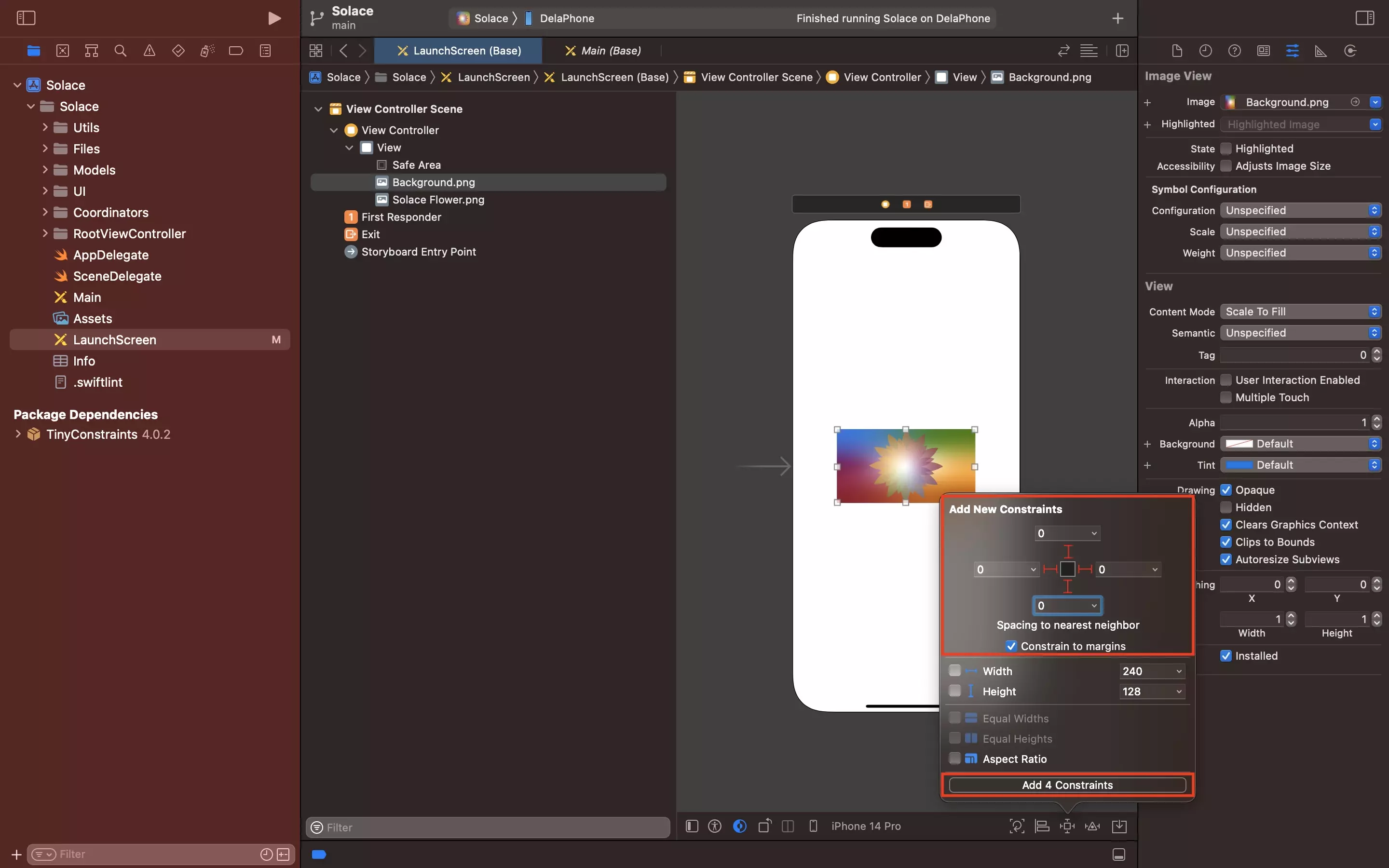 A screenshot of Xcode showing the launch screen storyboard. An image view has been selected and the constraint menu is open. We have highlighted how if you click the constraint icon next to an edge it turns red and how you can change the value using the input next to the relevant constraint. We have also highlighted that a button becomes active at the bottom of the constraint menu that allows you to apply the constraints.