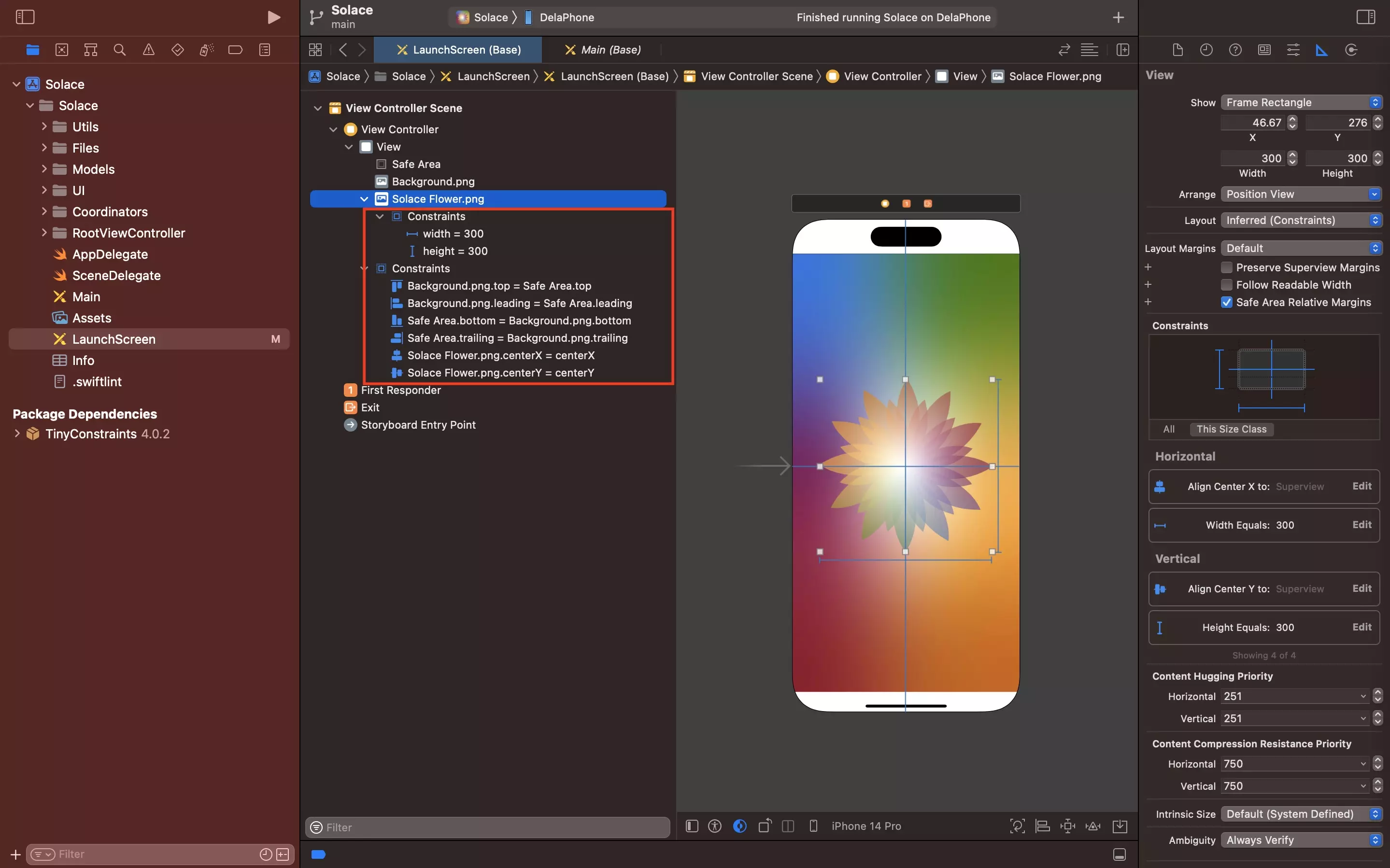 A screenshot of Xcode showing the launch screen storyboard we have highlighted how you can find the constraints applied to a view controller if you open up the relevant views within a view controller in a storyboard.