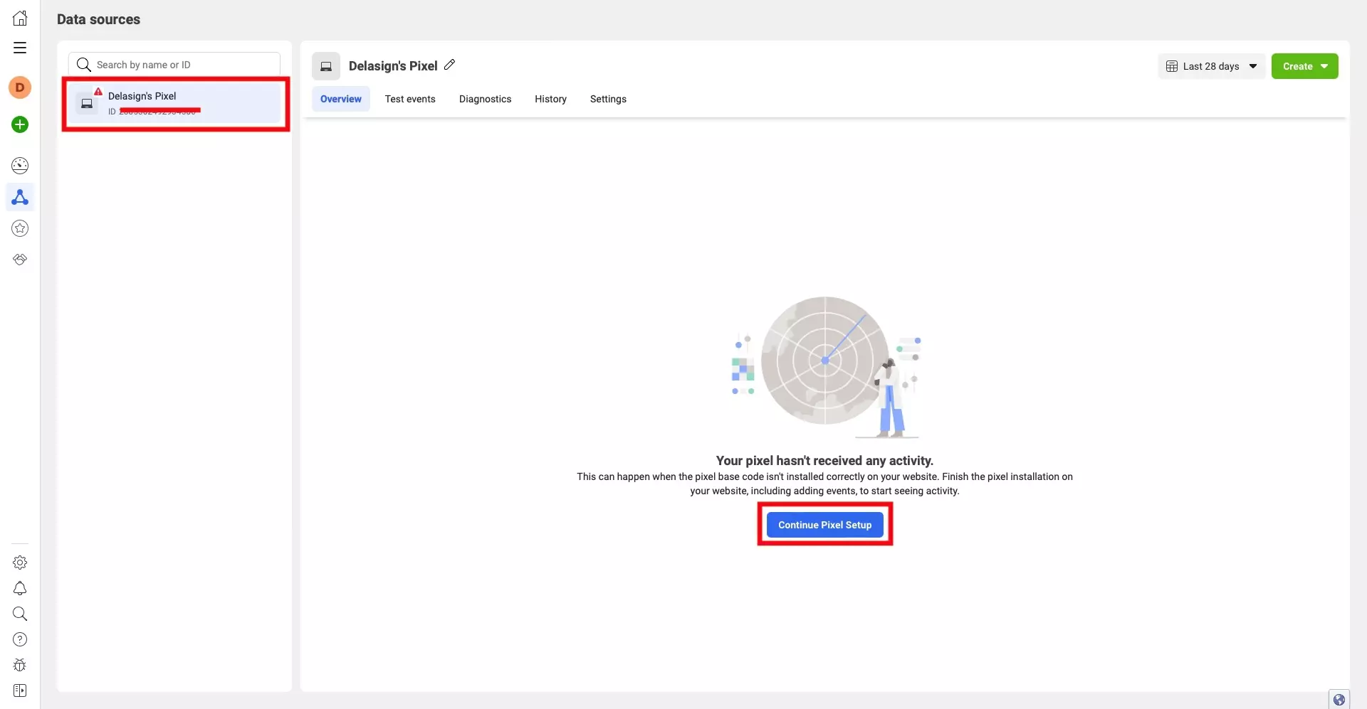 A screenshot of the Data Sources screen of the Facebook Business Events Manager. Highlighted is our selected "Delasign Pixel" as well as the "Continue Pixel Setup" button in the center of the screen.