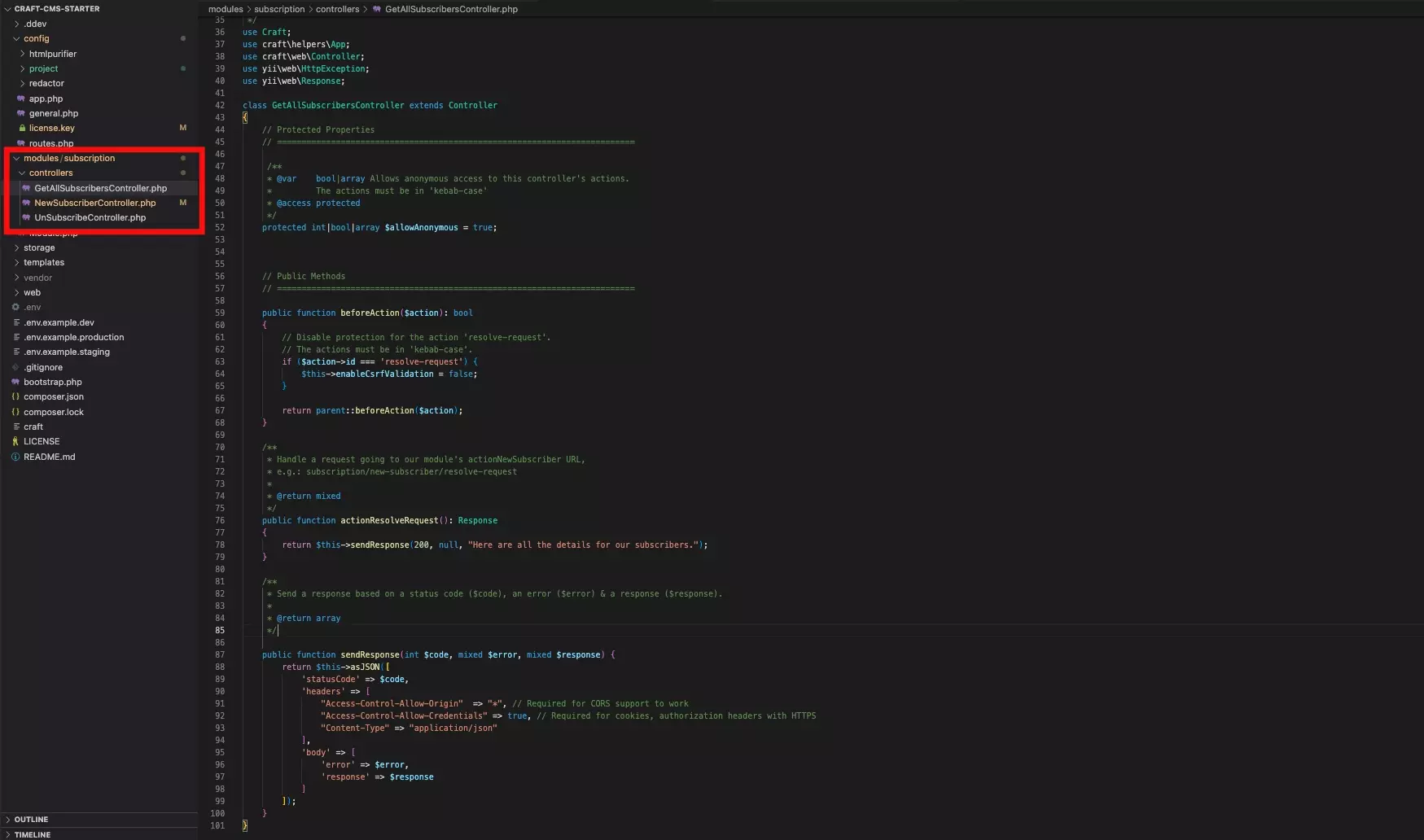 A screenshot of VSCode with the sample code for creating controllers offered below along with a highlight of where you need to place them in the project - in a "controllers" folder within your module.