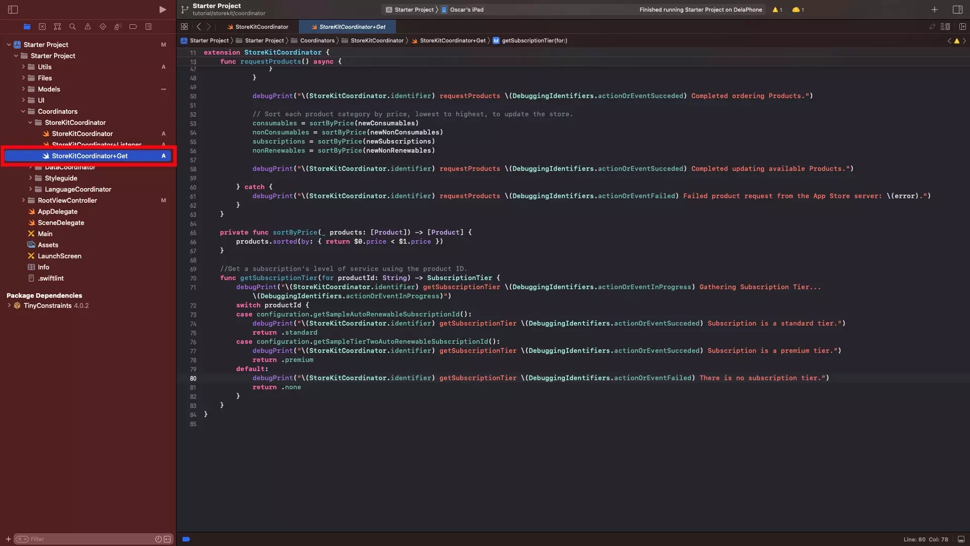 A screenshot of XCode showing the StoreKitCoordinator Get products extension. Code available below.