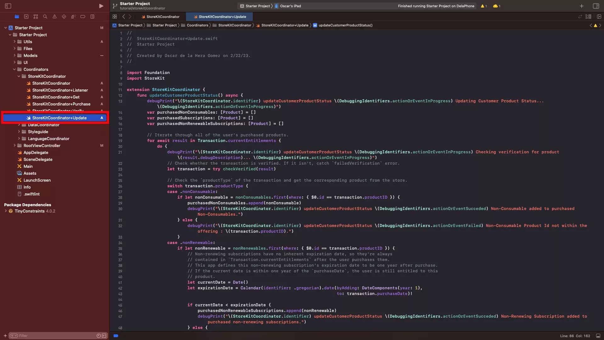 A screenshot of XCode showing the StoreKitCoordinator Update products extension. Code available below.