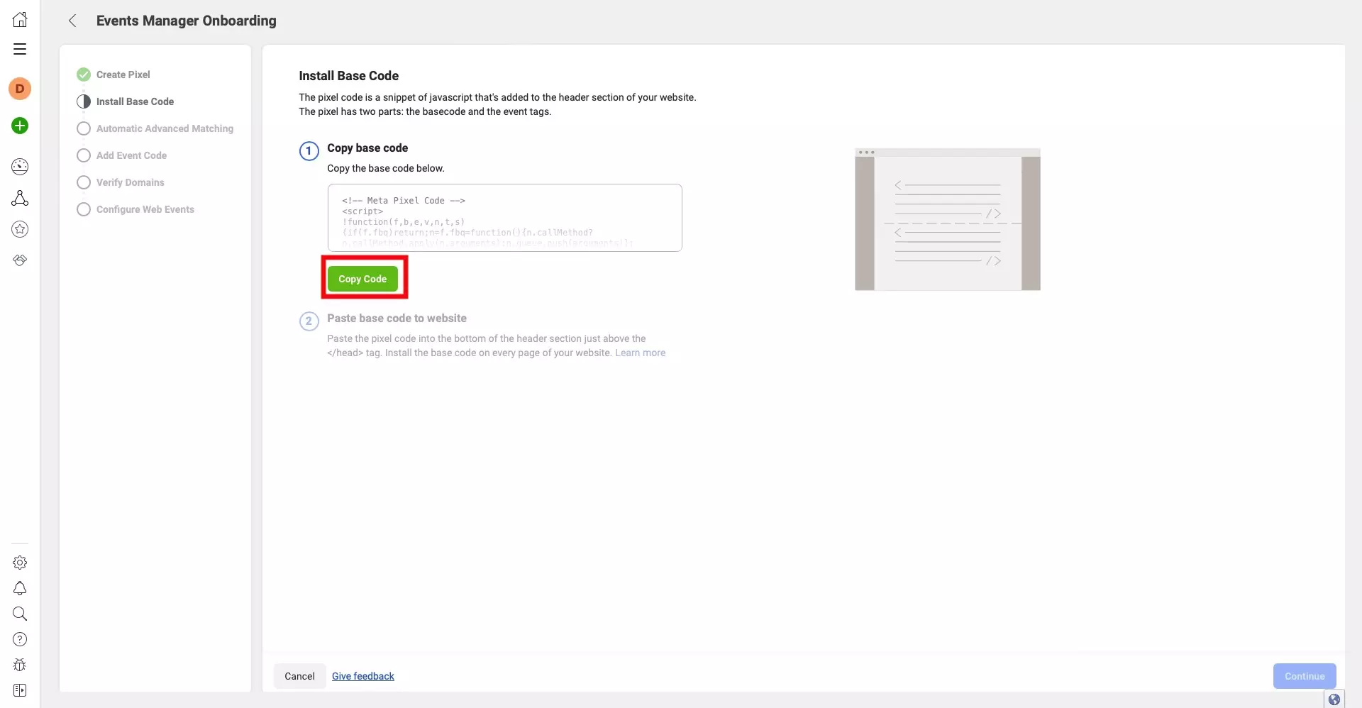 A screenshot of the Events Manager Onboarding flow, on the "Install Base Code" step. Highlighted is the "Copy Code" button on the center left of the screen. Press it and continue to the next step.