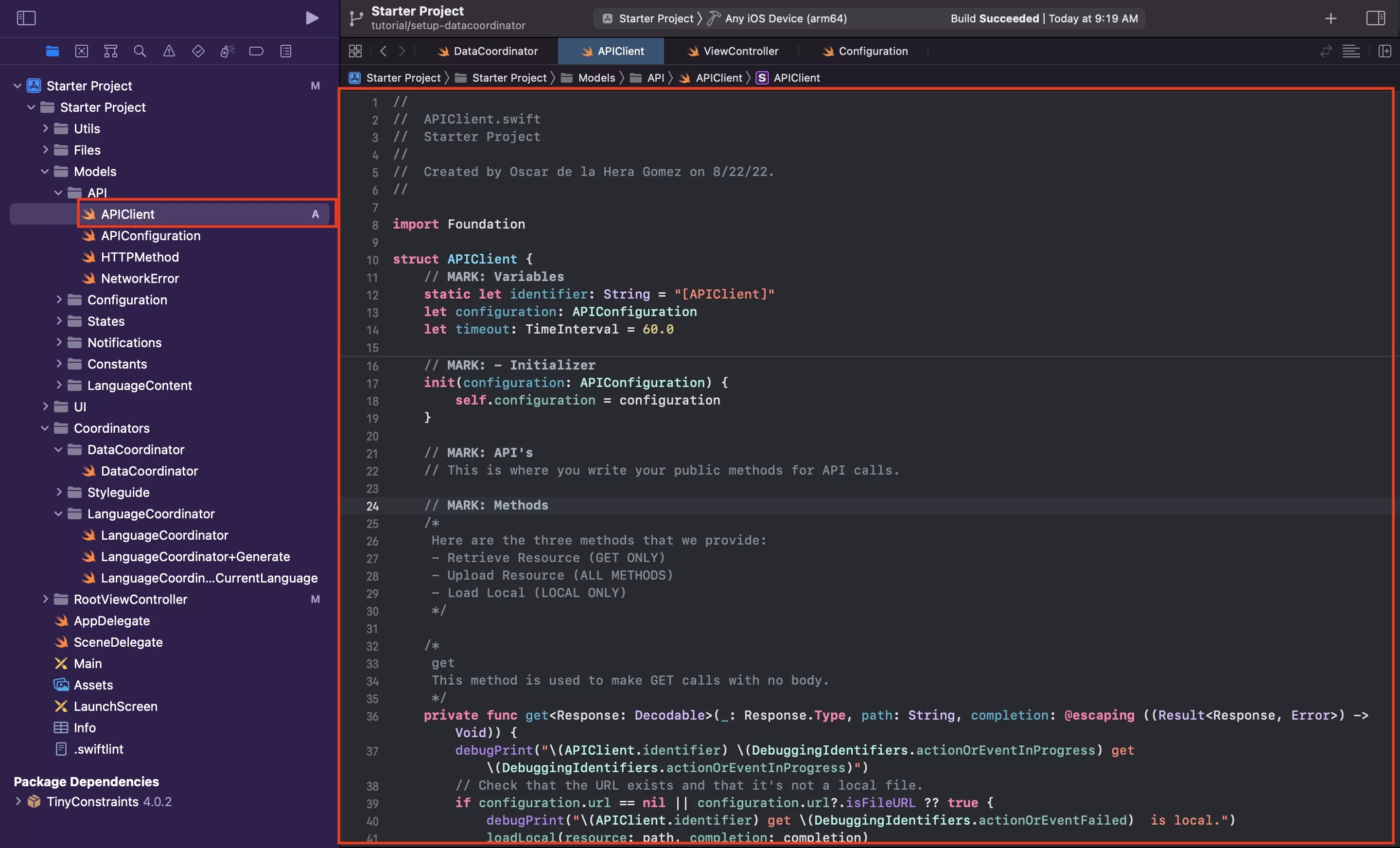 A screenshot of our API Client swift file.